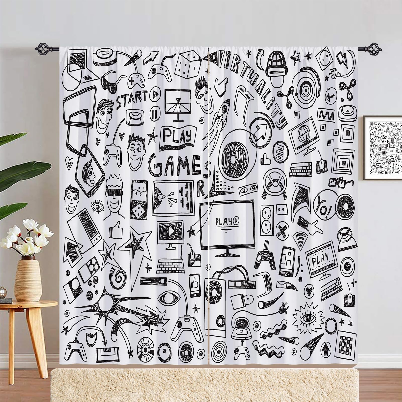 Kids Video Game Curtains W42 x L84 Inch Rod Pocket Computer Gamepad Sports Rocket Teen 90's Print Pattern Privacy Fabric Window Drapes for Boys Girls Bedroom Nursery Baby Playroom 2 Panels