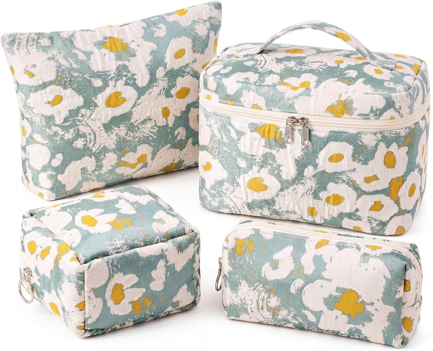 Abbylike 4 Pcs Plumeria Floral Makeup Bag Set Large Travel Cosmetic Bags Cute Canvas Make up Bag for Women Toiletry Bags Organizer for Travel and Daily Use(Sage Green)