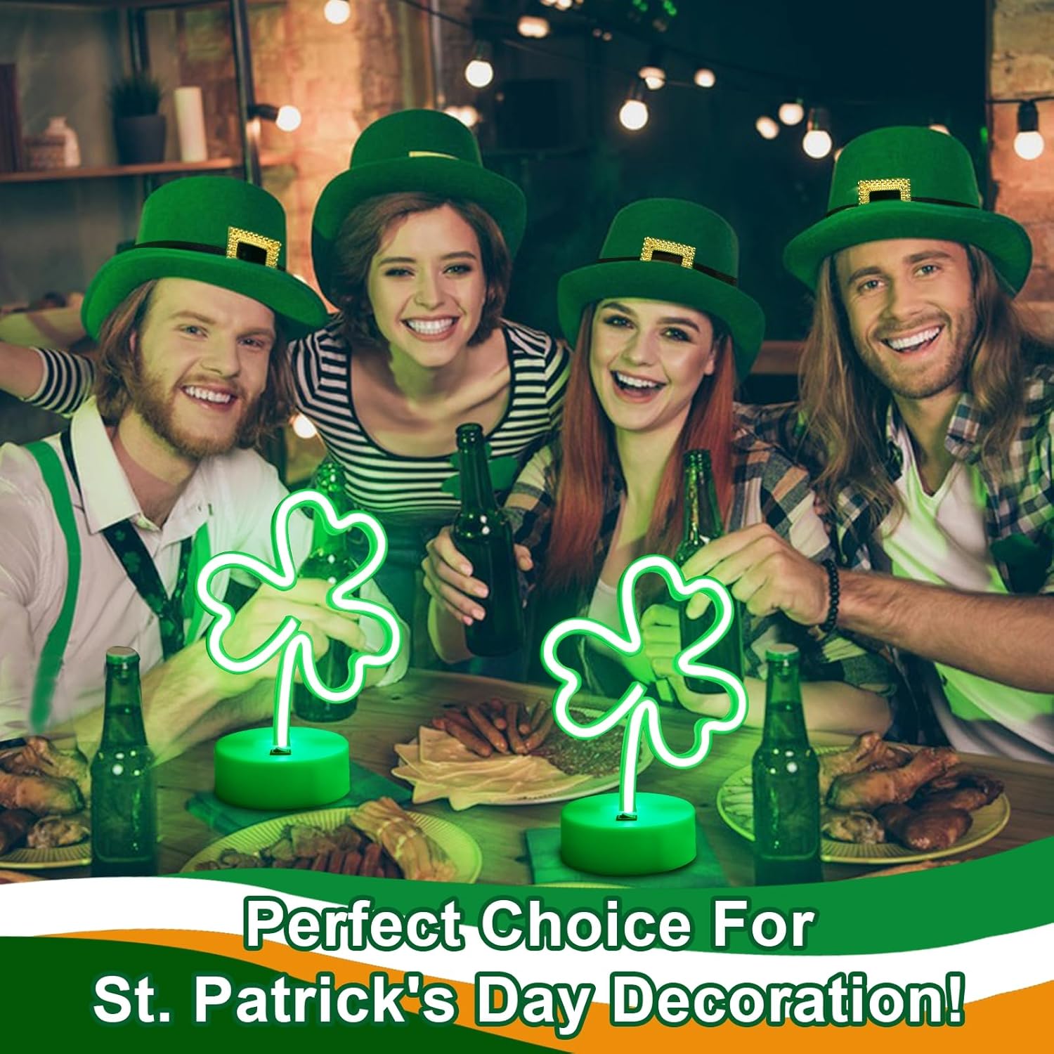 2 Pack St Patricks Day Decorations Neon Signs with Holder Base, USB or Battery Operated Neon Light Green Lucky Clover Lights, LED Table Decoration for Bedroom Indoor Wedding Kids Room Birthday Party