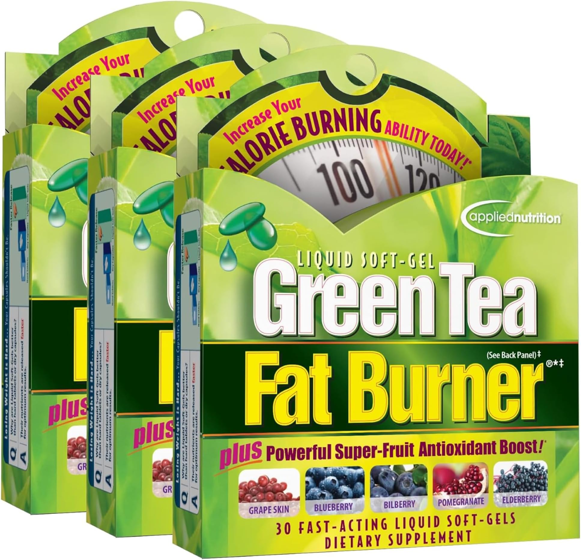 Applied Nutrition Green Tea Fat Burner - 30 Liquid Soft-Gels, Pack of 3 - Increases Calorie Burning & Supplies Powerful Antioxidants - 45 Total Servings