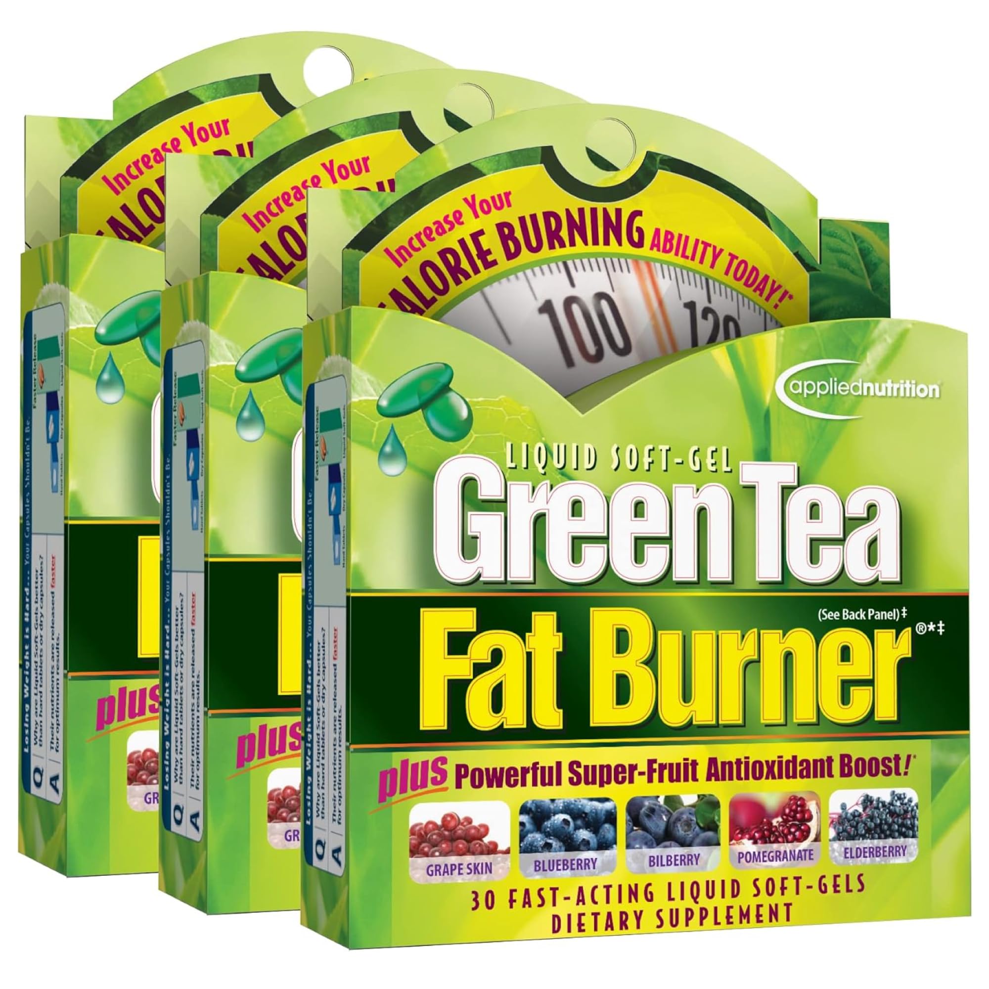Applied Nutrition Green Tea Fat Burner - 30 Liquid Soft-Gels, Pack of 3 - Increases Calorie Burning & Supplies Powerful Antioxidants - 45 Total Servings