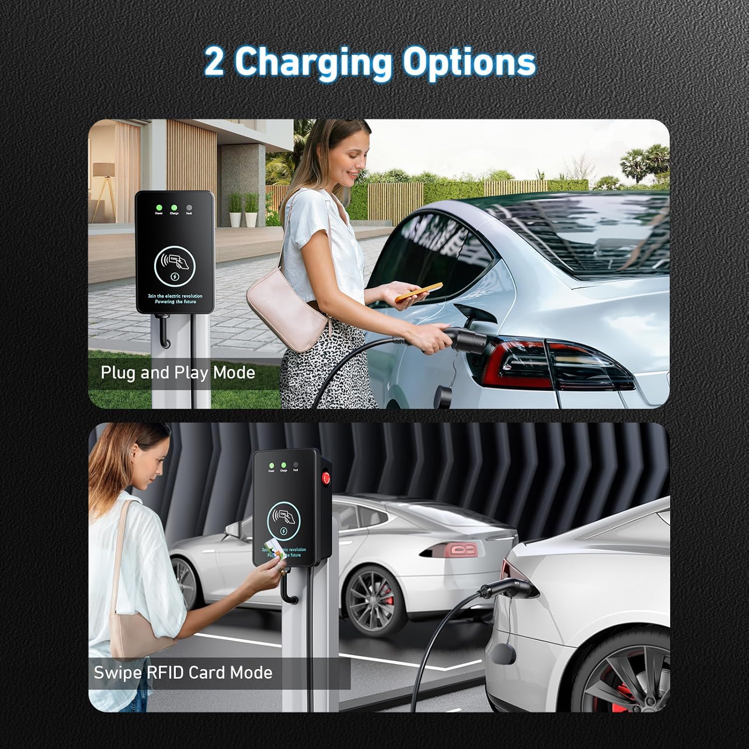 Two scenarios showing the charging options: 'Plug and Play Mode' where a user simply connects the charger to the car, and 'Swipe RFID Card Mode' where a user swipes an RFID card to initiate charging.