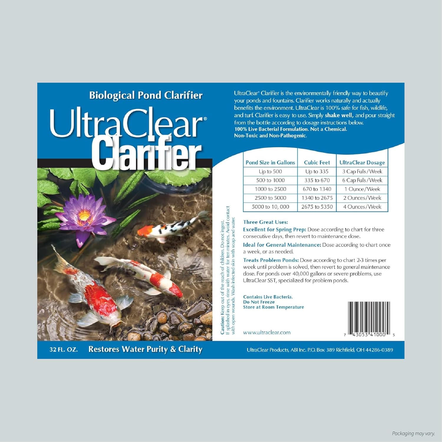Clarifier (32oz) – Natural Pond Cleaner with Beneficial Bacteria – Improves Water Clarity & Reduces Cloudiness for Clear Pond Water – Safe for Fish, Plants & Pets