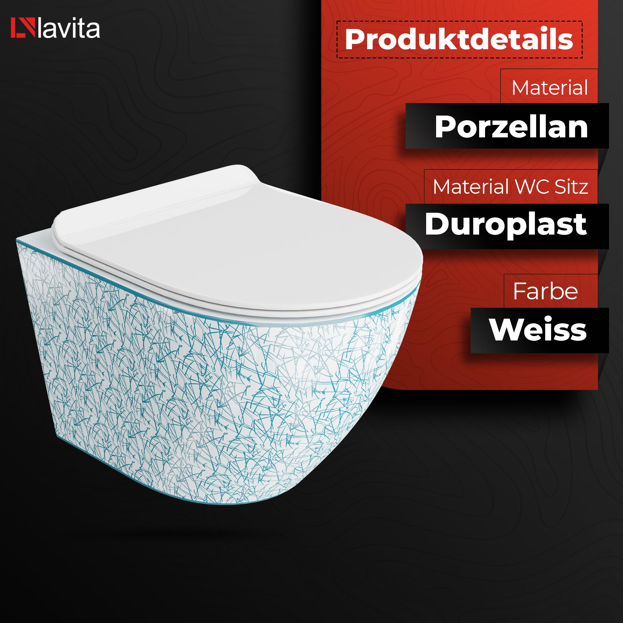 Lavita Vorwandelement Solido Start + Wand Hänge WC Sofi Slim Kresz Weiß/Blau Spülrandlos + WC Sitz mit Absenkautomatik Verchromter Knopf Komplettset Unterputz Spülkasten Toilette Komplett Sett WC
