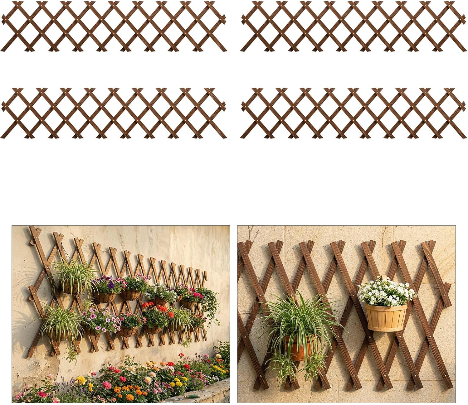 4 PCS Expandable Garden Trellis, 13.2" x 63" Trellis for Climbing Plants Outdoor, Wooden Lattice Fence Wall Panel Lattice Panels for Outside, for Climbing Plants Vine Ivy Rose Cucumbers Clematis