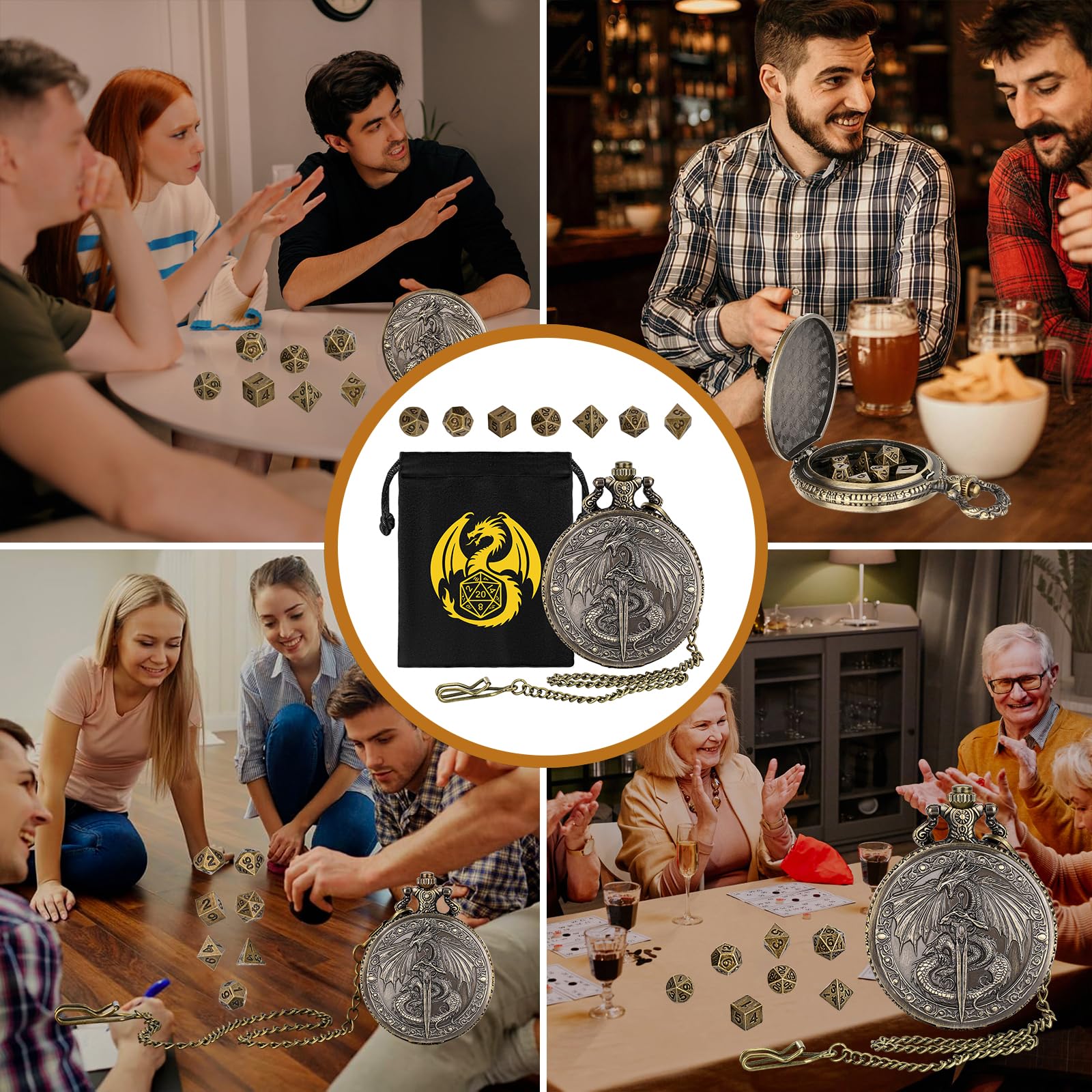 Mini DND Würfel Set, mit Steampunk Fliegender Drache und Schwert Taschenuhrgehäuse, 7-teilige Polyedrische Metall D&D Würfel, DND Geschenktüte mit Drachen Logo, Rollenspiel Brettspiel-Zubehör, Bronze