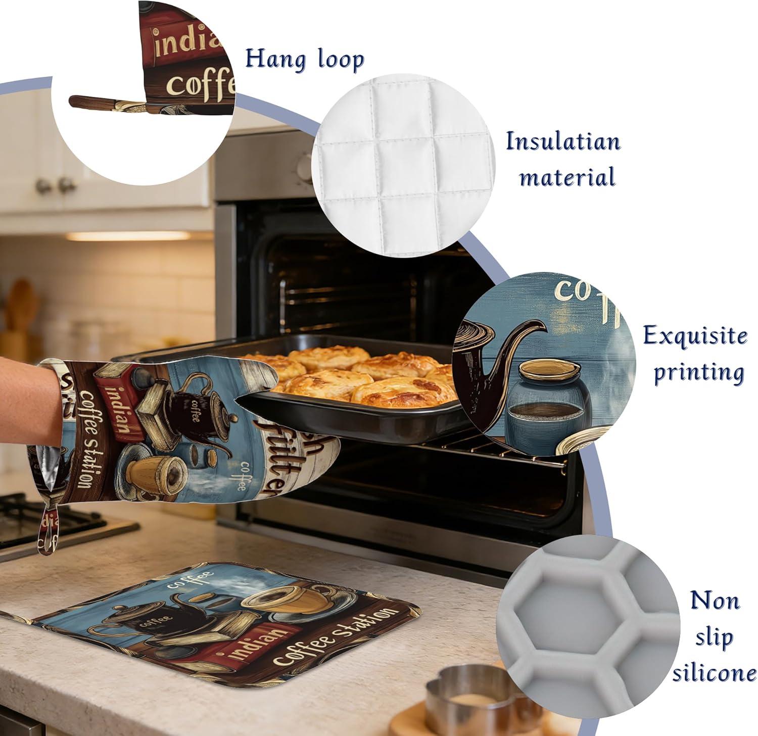 Rustic Coffee Pot Holders and Oven Mitts Set Silicone Vintage Book Coffee Kitchen Gloves Potholders Heat Resistant Washable,Chef Cooking Baking Gifts for Women Men Bakers Lover Cooks
