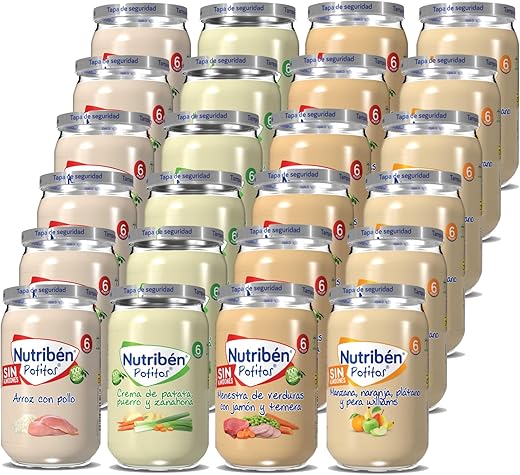 Nutribén Pack de 24 Potitos variados | Arroz con pollo | Menestra de verduras con jamón. | Crema de patata, puerro y zanahoria | Manzana, naranja, plátano y pera | Desde los 6 Meses - 24 x 235gr