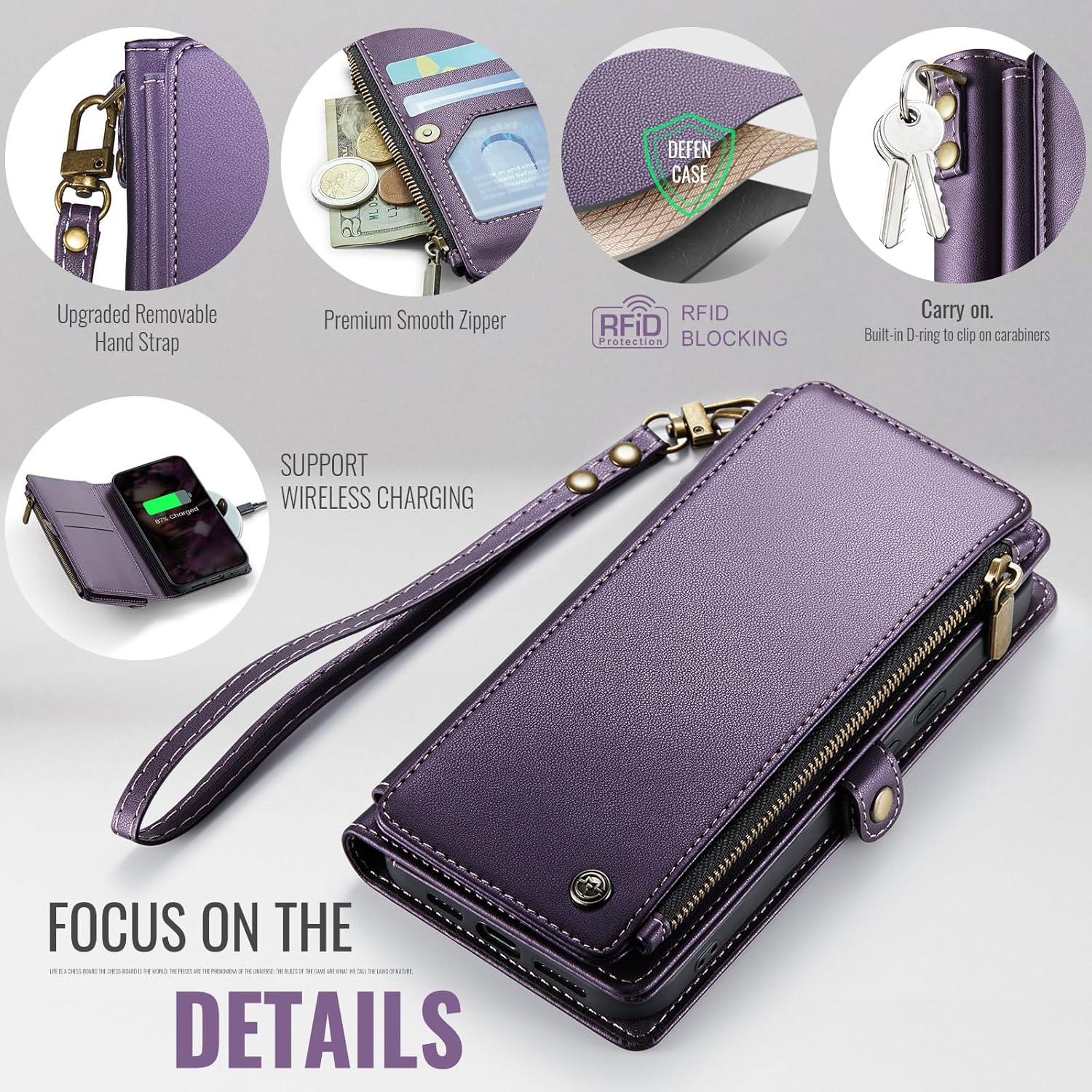 Defencase Compatible with Pixel 9/Pro Case, RFID Blocking Wallet Case Fit for Google Pixel 9 & 9 Pro Soft PU Leather Magnetic Snap Flip Zipper Strap Card Holder Phone Case for Women Men, Purple