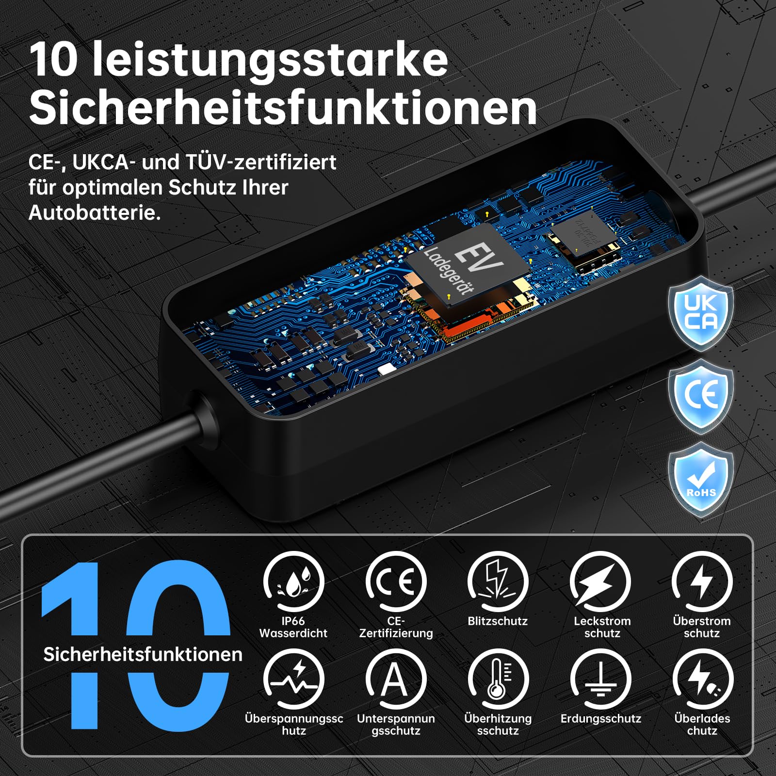 Ladekabel Typ 2 3,7kW [6m, 8-16A] EV Charger mit Steuerbarer Digitalanzeige und Mehreren Schutz，Stromstärke/Ladeleistung Einstellbar 8|10|13|16A, Tragbares EV Ladegerät für PHEV/EV Elektroautos