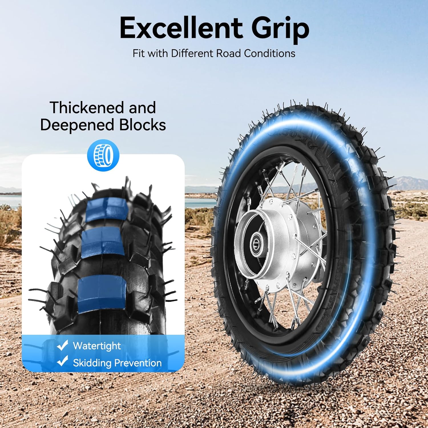 Tire with excellent grip and thickened blocks