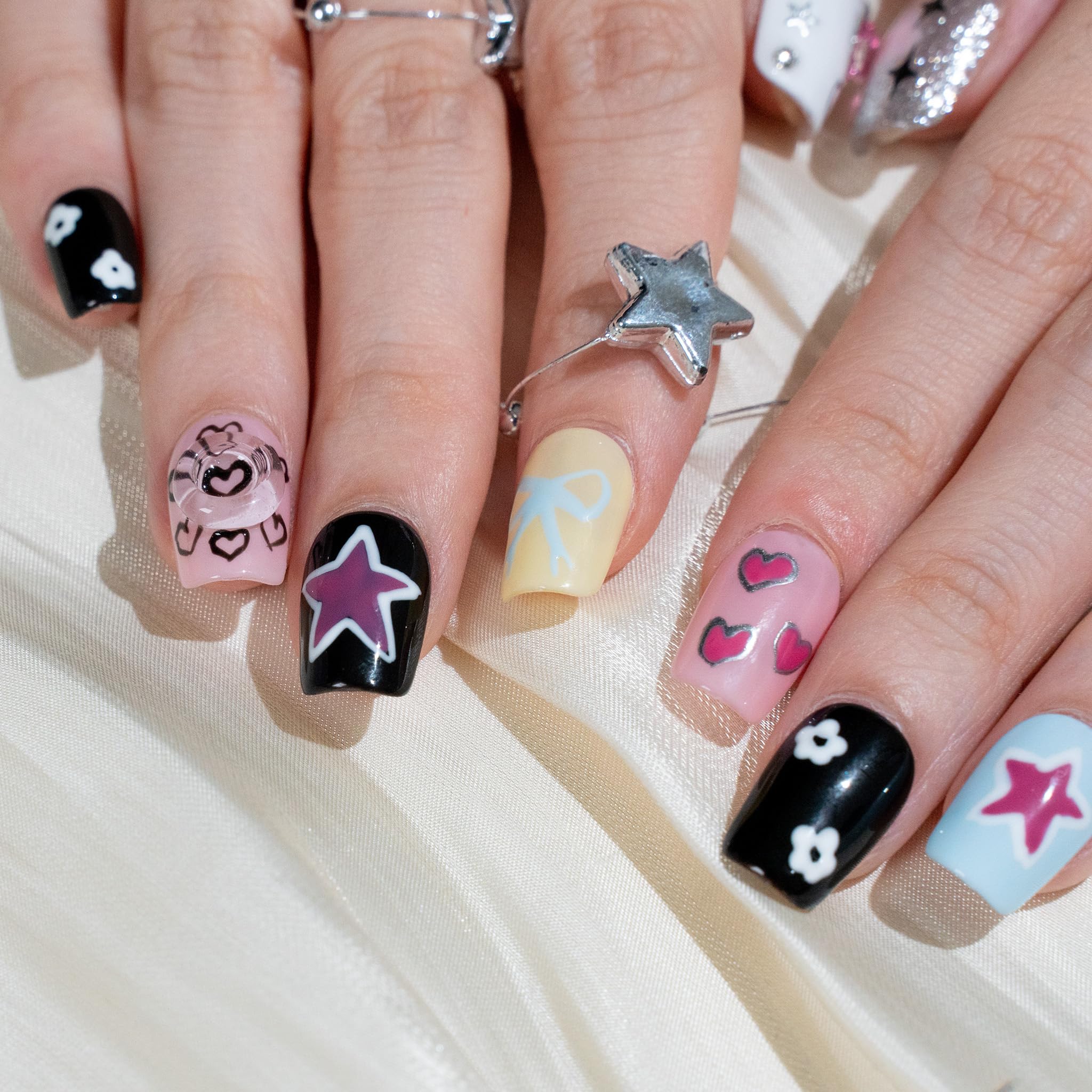 Sun&Beam Nails Handmade Press On Nail Long Coffin Ballerina Pink Flower Acrylic Fake Tip 3D Design Art Charms Cute with Storage Box 10 Pcs (S) — view 79