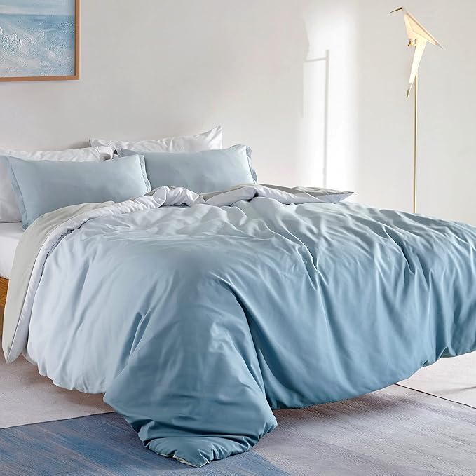 SLEEP ZONE Bedding Duvet Cover Sets Printed Ombre Color 120gsm Ultra Soft Zipper Closure Corner Ties 3 Pieces, Ombre Grey Blue, Full/Queen