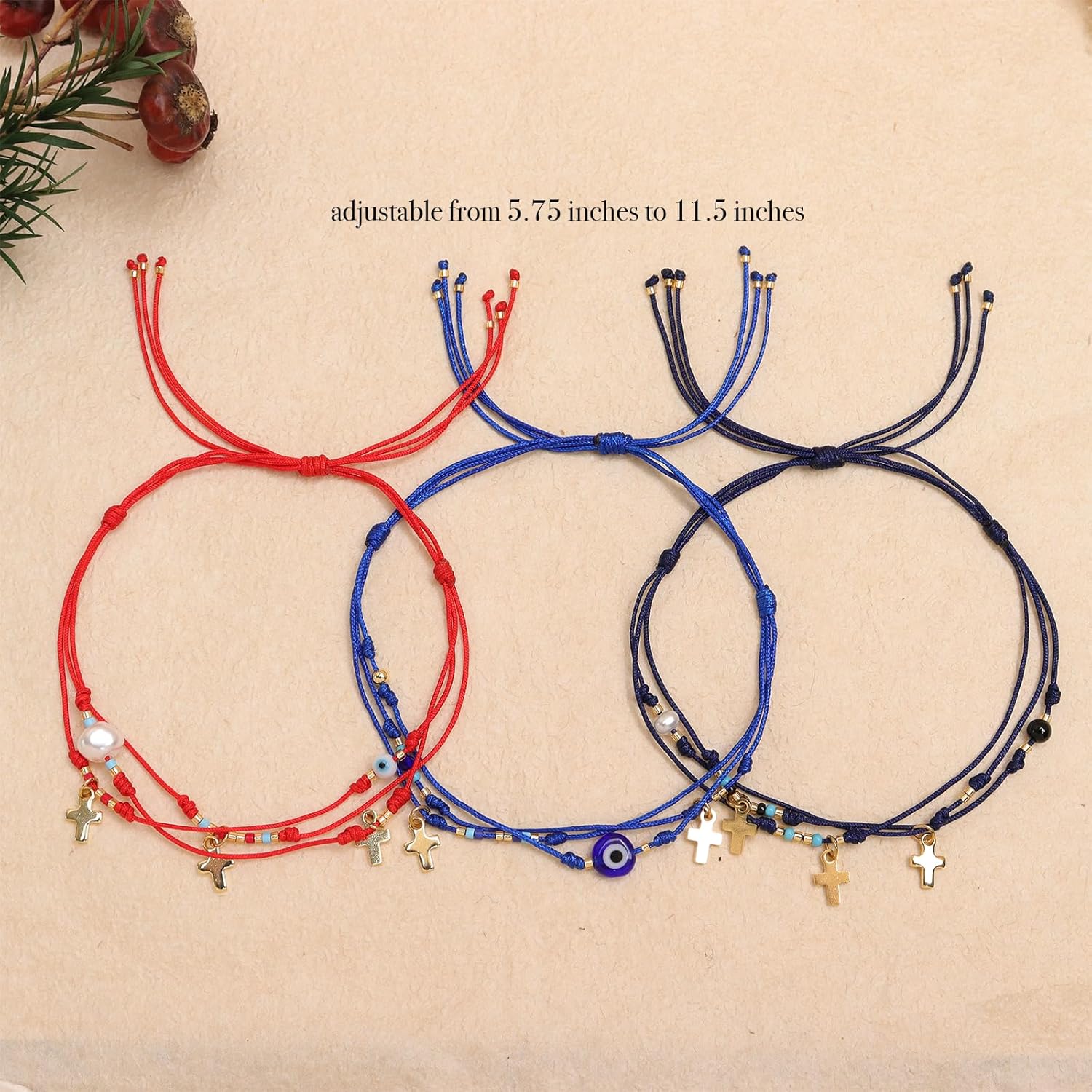 Evil Eye Gold Cross Charm Bracelets Stack Set for Women, Dainty Boho Handmade Adjustable Pearl Beads Layered Blue Red String Strand Bracelet Outfit Accessories Jewelry Gift. - Image 3