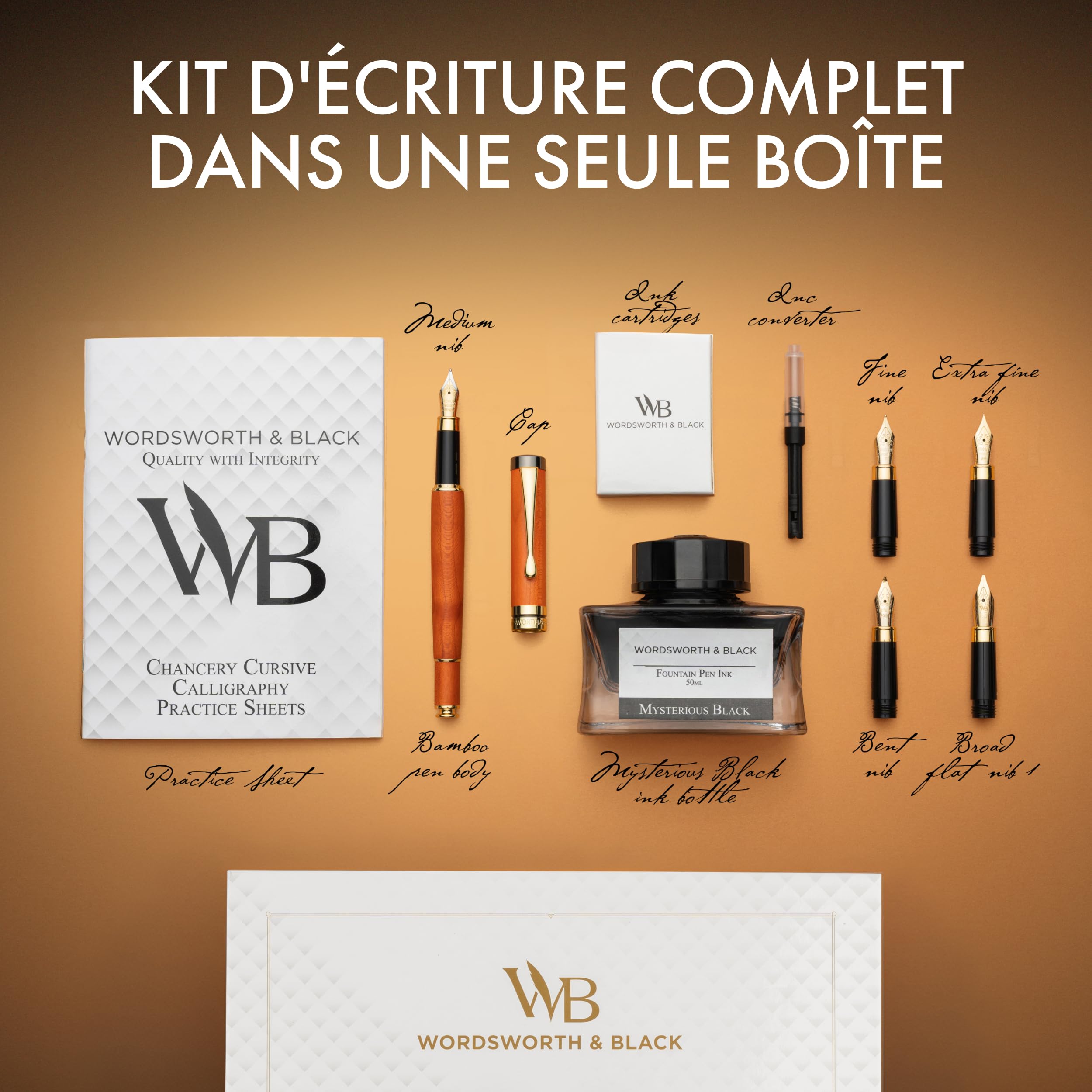 Wordsworth & Black Coffret Stylo Plume en Bambou Cerisier, 4 Plumes