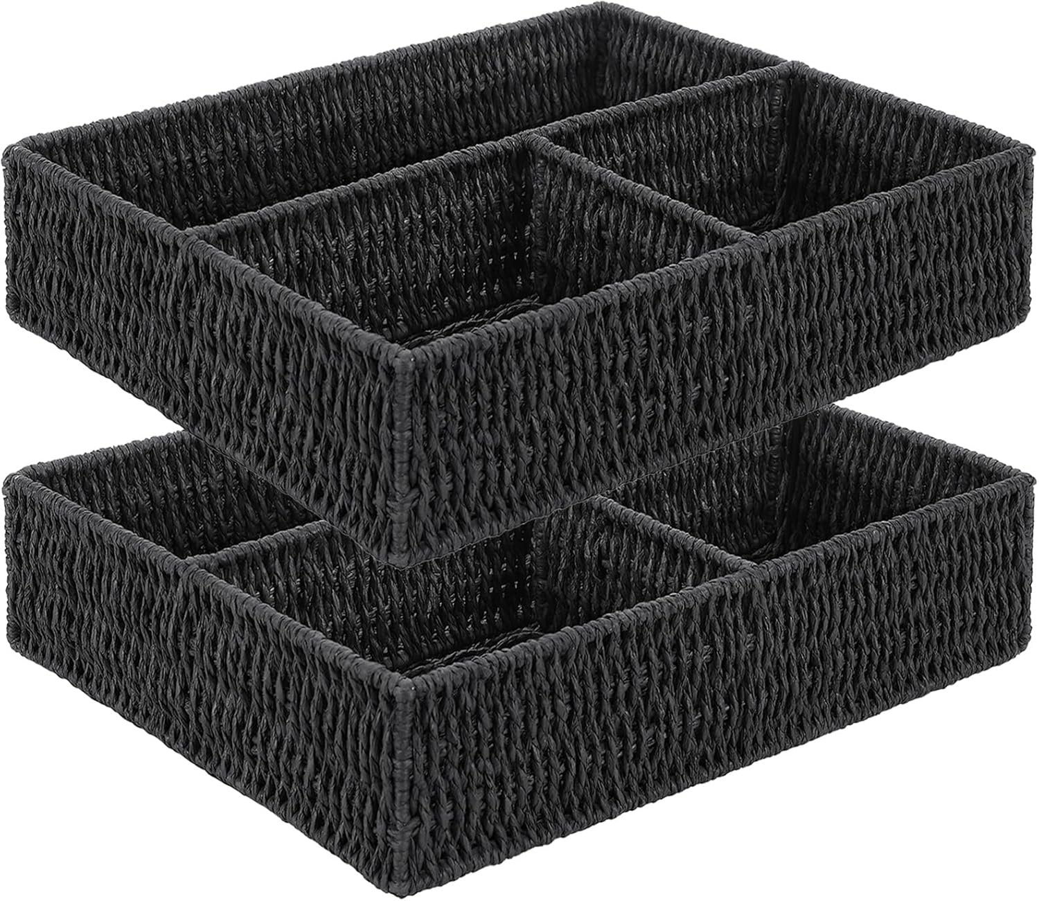 Vagusicc Wicker Divided Storage Basket, Black Wicker Baskets, Basket for Shelves Drawer Organizing, 3 Section Rectangular Woven Storage Baskets, 2-Pack