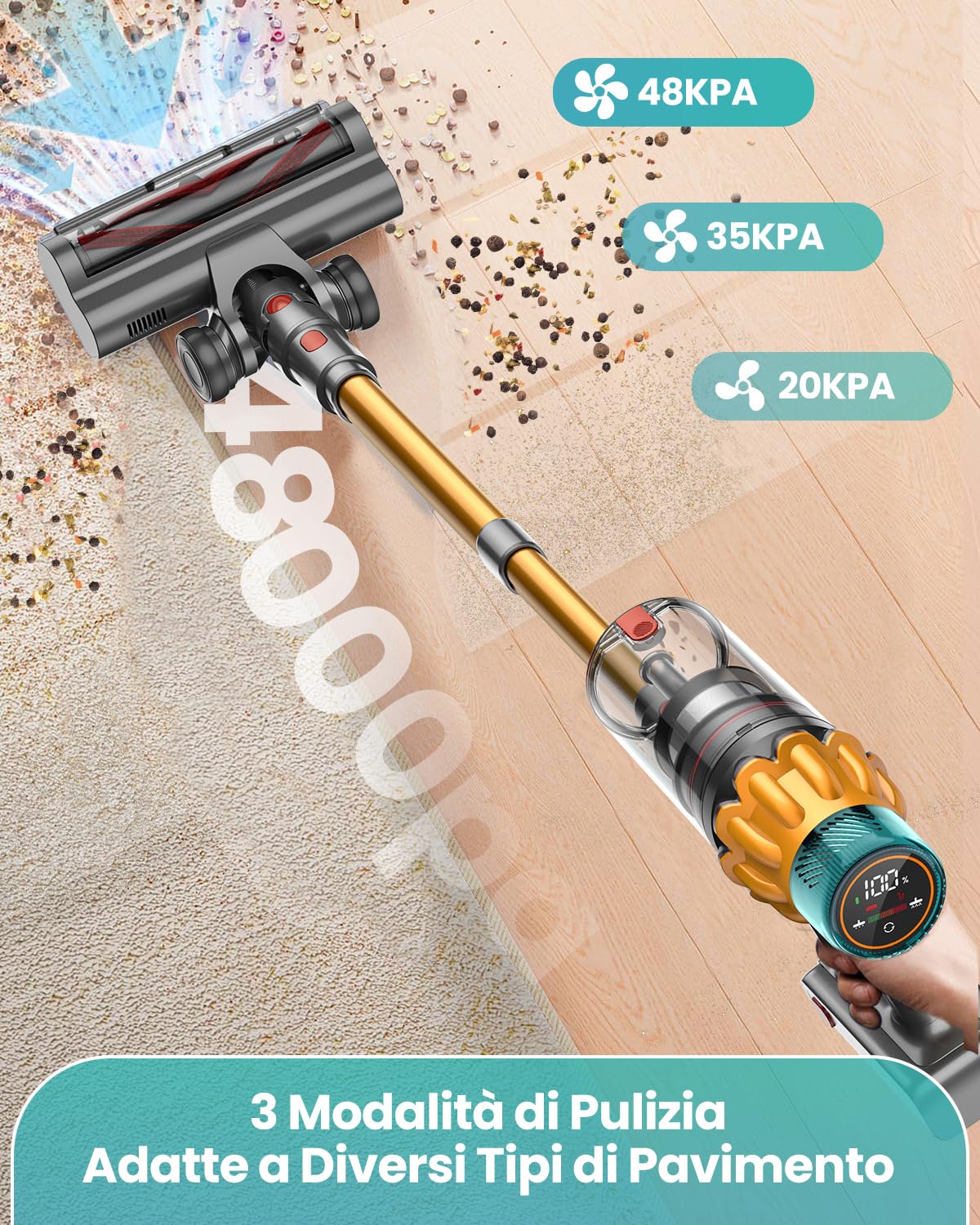 Aspirapolvere Senza Fili 48KPa/550W/70 Min, 2.0L, Scopa Elettrica Senza Fili Potente con OLED Touch Intelligente, Filtraggio a 11 Stadi, Spazzola Anti-Groviglio per Pavimenti/Tappeti/Peli Animali/Auto