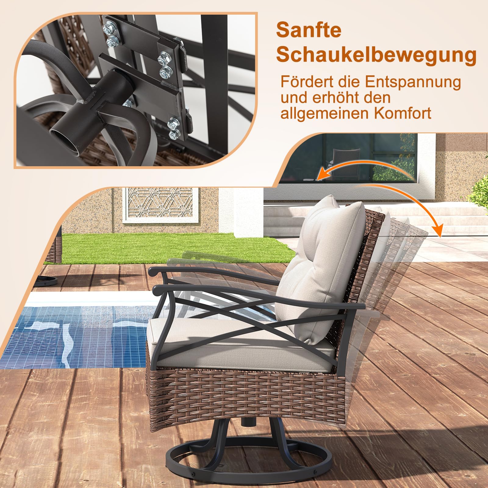 COSTWAY Rattan Gartenmöbel Set, Balkonmöbel inkl. 2 Schaukelstühle mit Drehfunktion, Kissen & Tisch, Balkonset, Terrassenmöbel, Gartengarnitur, Sitzgruppe für Garten, Balkon, Terrasse