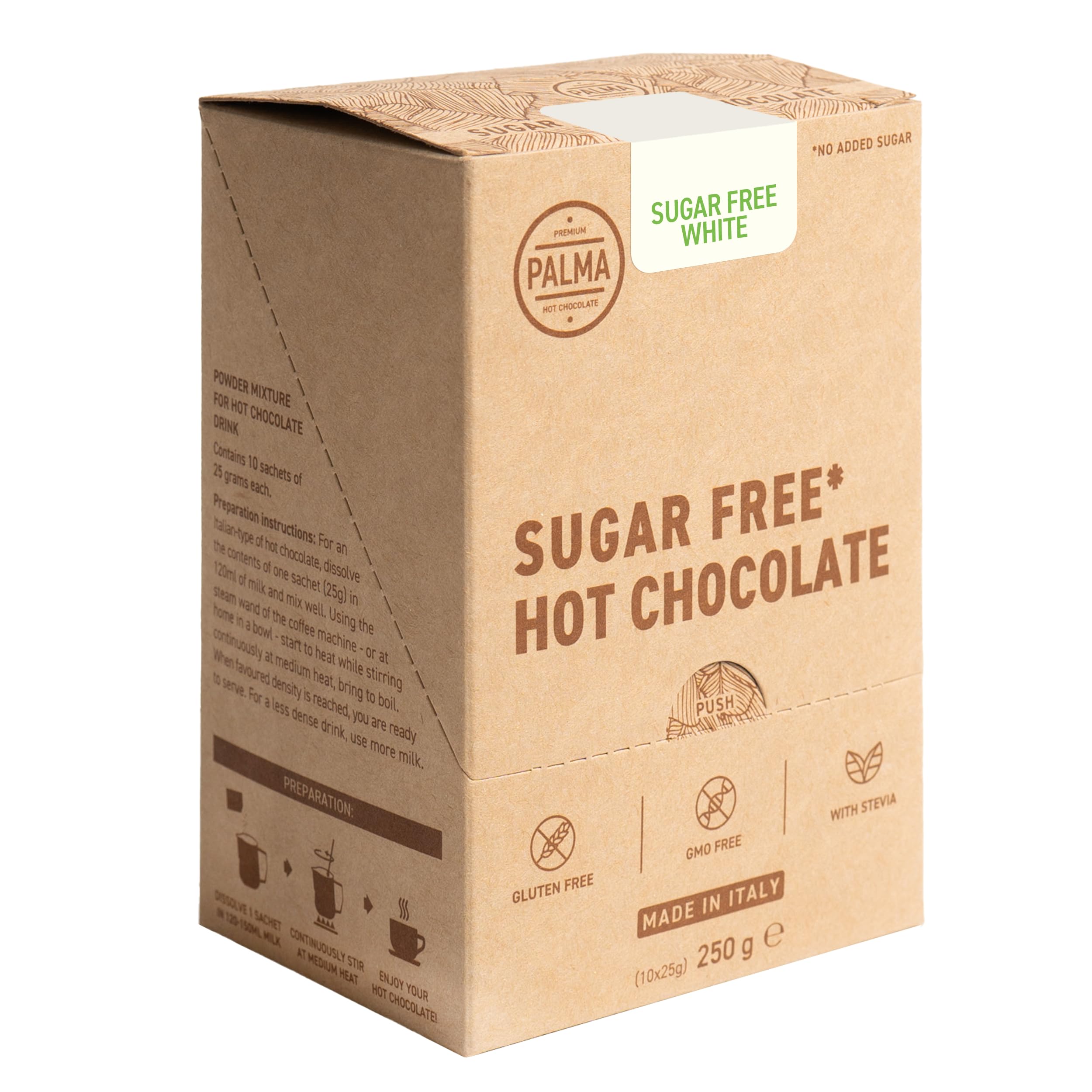 PALMA Italian Hot Chocolate Sachets - Sugar Free White Chocolate - No Added Sugar | 250g (10 Servings)