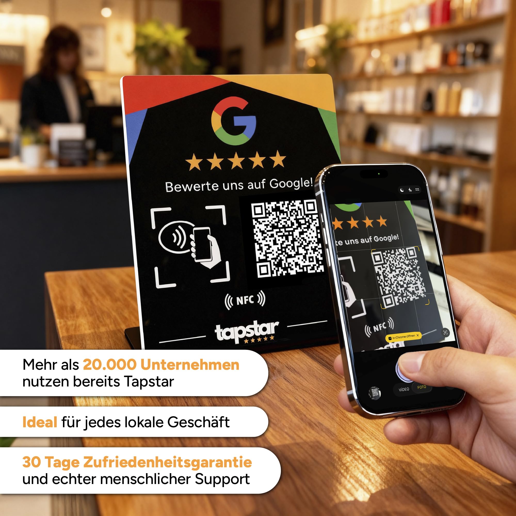 Tapstar Bewertungsaufsteller mit NFC & QR-Code – Google Bewertung Aufsteller für Theke, Tresen oder Empfang – Kompatibel mit iPhone & Android – Ohne App, Ohne Abo