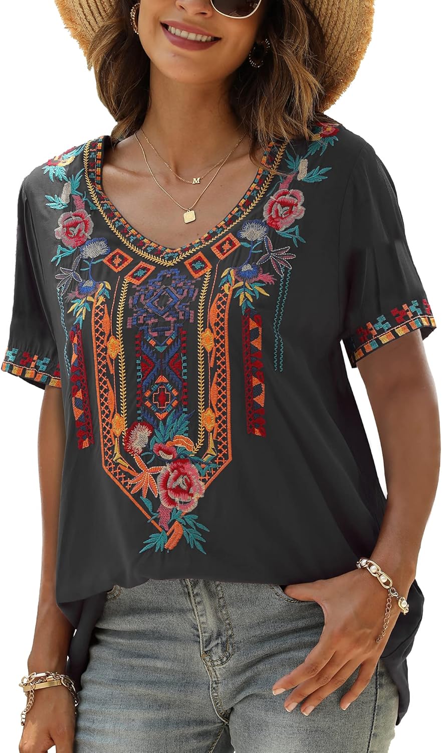 Grosy Plus Size Mexican Embroidered Peasant Blouse, Loose Fit Bohemian Short Sleeve Top for Women, Summer Vacation T-Shirt - Image 3