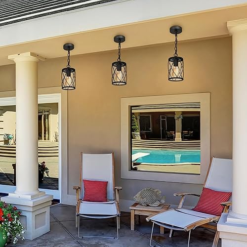 Miniatura 4 de Lámpara colgante al aire libre para porche, luces colgantes negras para exteriores, lámpara colgante exterior de granja con jaula de metal, pantalla