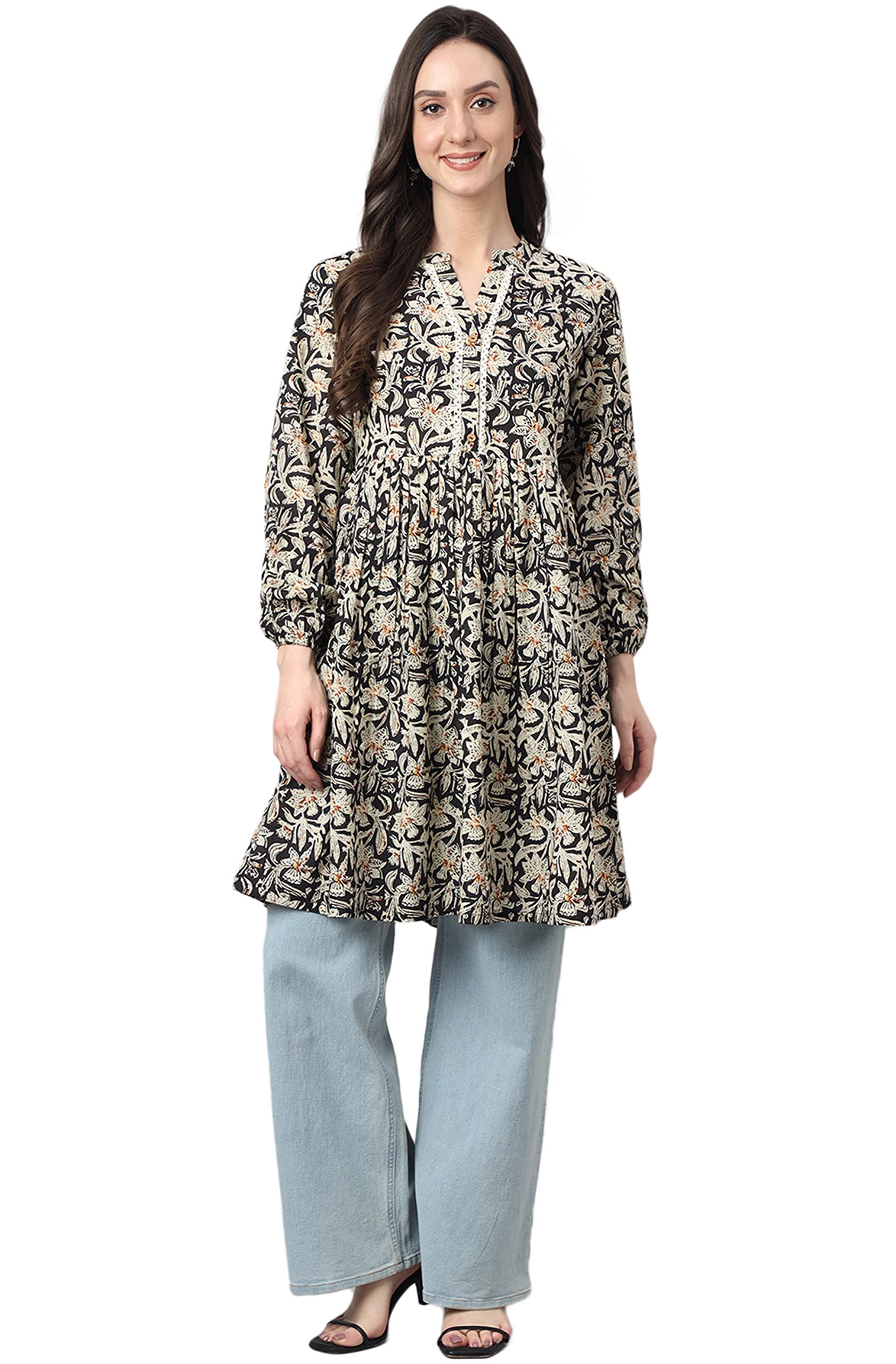 janasya Women's Black Cotton Floral Print Flared Tunic-picture-36