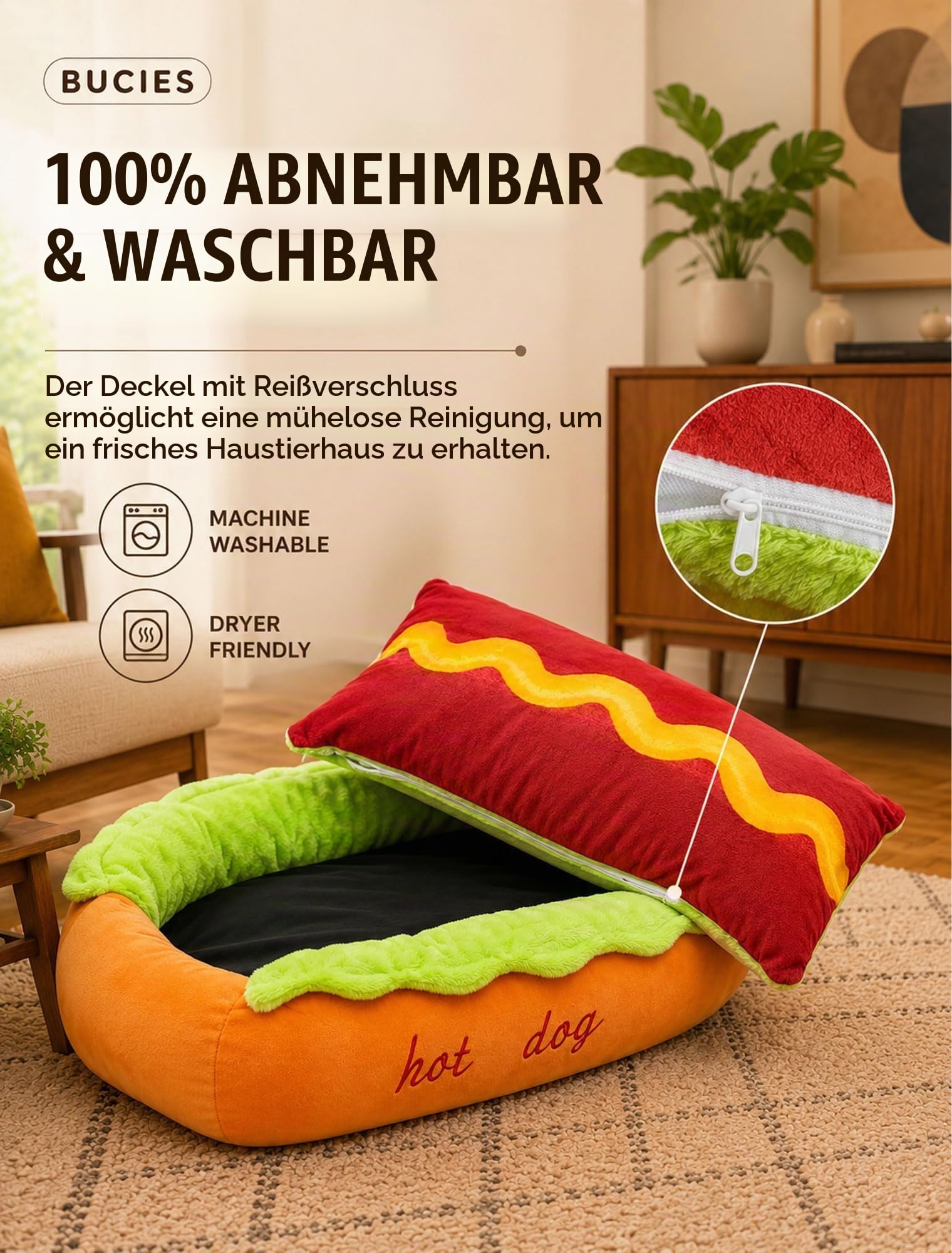Pealeaf Hot Dog Hundebett für kleine Hunde und Katzen, niedliches Plüsch Haustierbett mit herausnehmbarem waschbarem Kissen, warmes Schlafnest für Dackel und Welpen (M)
