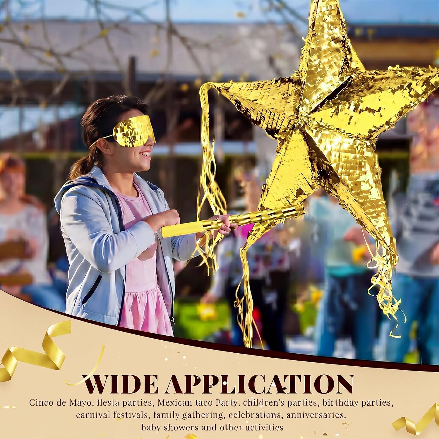 Hanaive Foil Star Piñata with Blindfold Bat, Gold, 31.5 x 31.5 Inches image 4