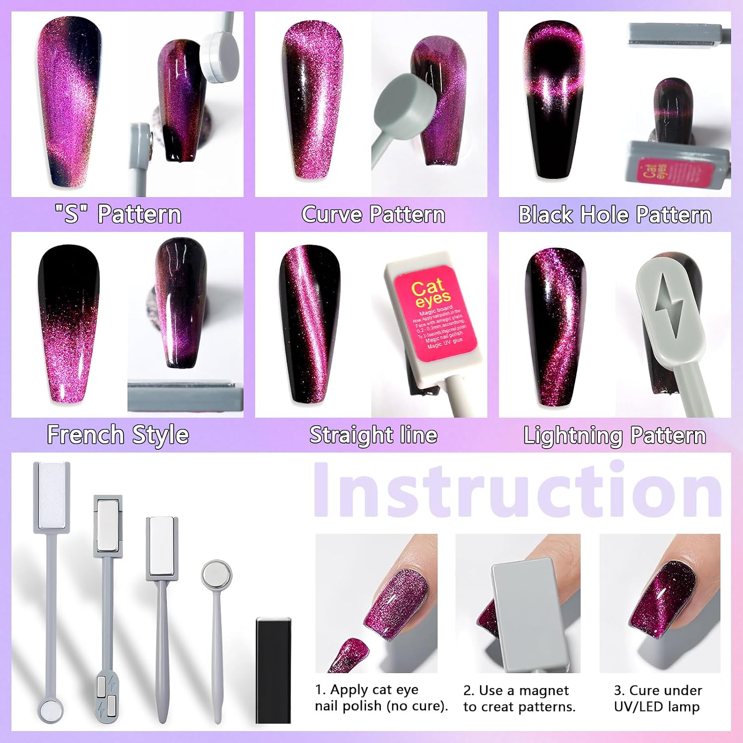 Laza 12 Pcs Nail Magnet Set, Super Strong Cylinder Magnet, Heart Magnet for Nails Double-head Magnet Wands for Magnetic Nails, 9D Galaxy Cat Eye Nail Art, Magnetic Nail Polish