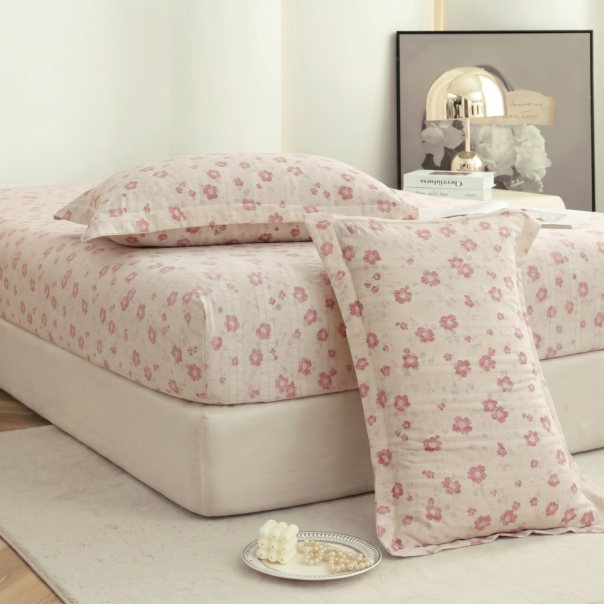 Story@Home King Size Bedsheet | Cloud Cotton Fitted Sheet King Size with Two Pillow Covers| Super Soft Bed Sheet for King Size Bed | Floral Design (270 x 250 cm, Pastel Pink)