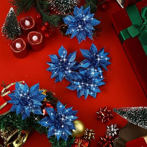 Miniatura 10 de Jetec 30 piezas de decoración de árbol de Navidad con purpurina artificial brillante flor de pascua artificial para decoración de árbol de Navidad,