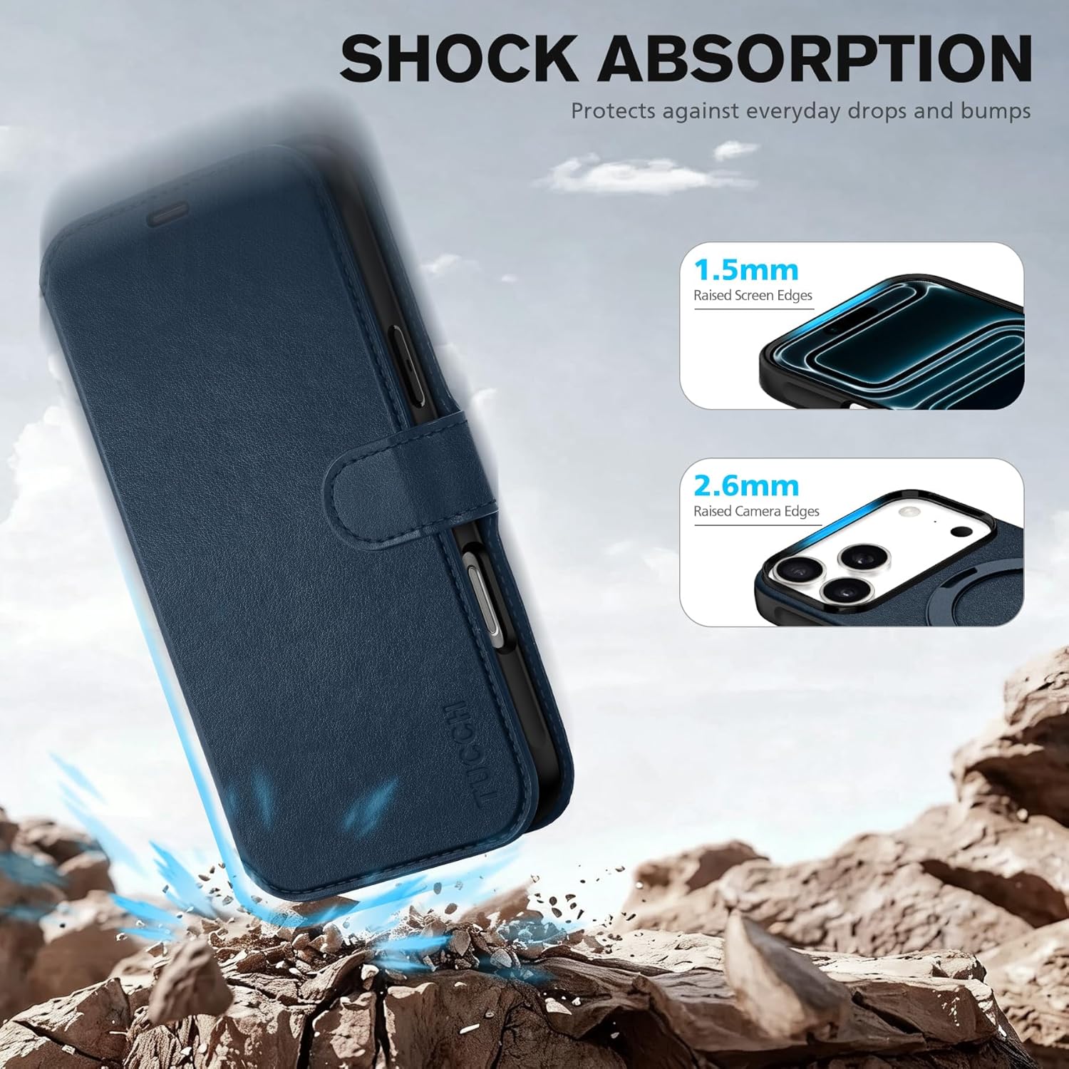 TUCCH Removable Wallet Case for iPhone 17 Pro Max, Wireless Charging RFID Blocking 3 Card Slots, Adjustable 360° Rotating Ring Stand, Slim 2-in-1 Magnetic PU Leather Protective Cover 6.9", Dark Blue