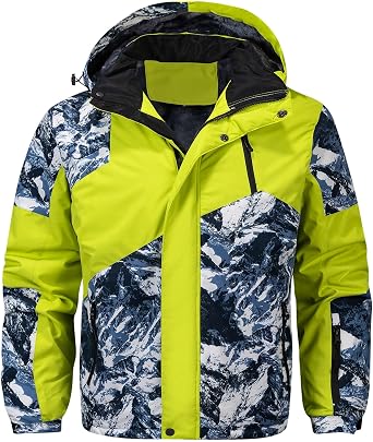 FTIMILD Mens Winter Coats Color Block Waterproof Hooded Ski Jacket Fleece Lined