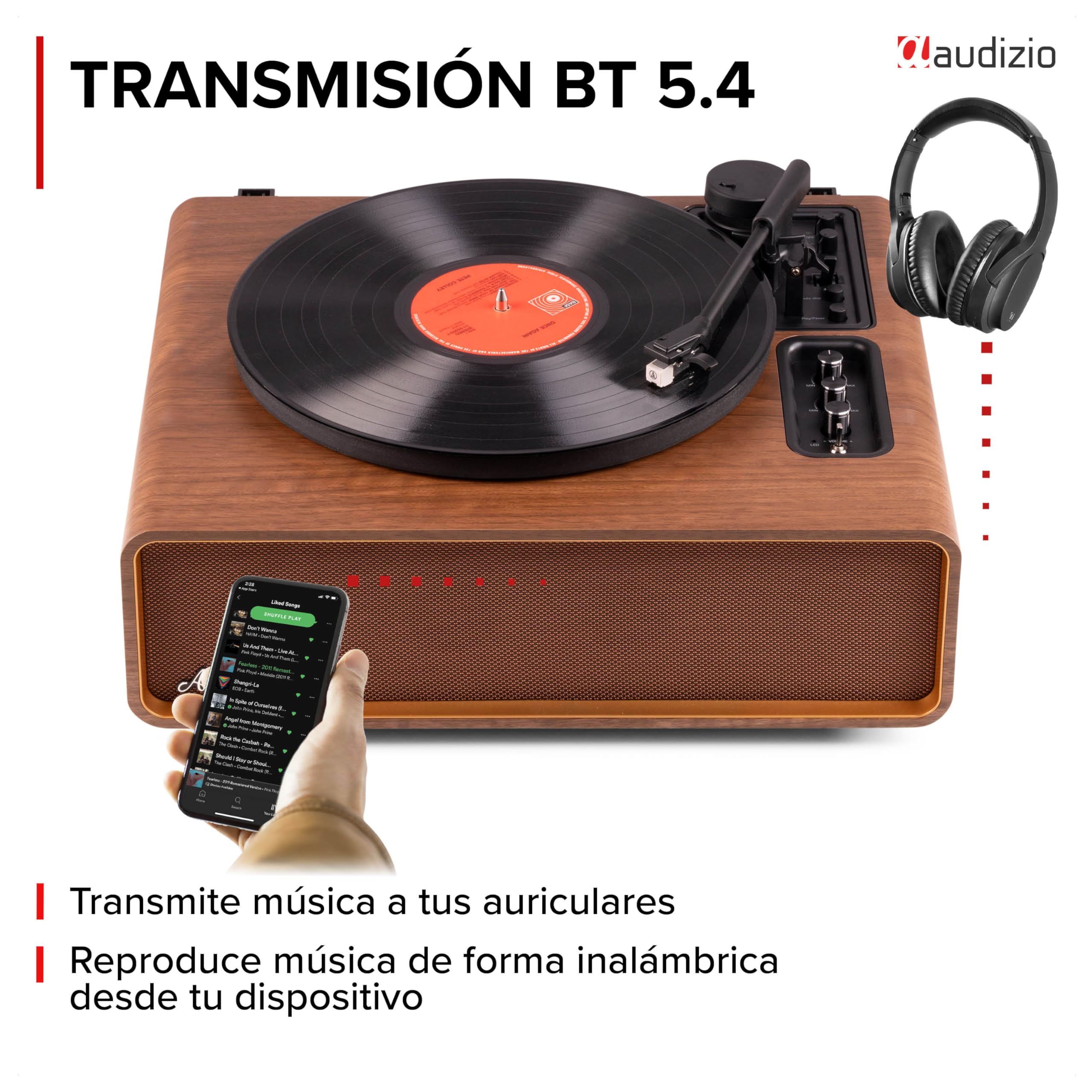 Audizio Laredo – Tocadiscos de Vinilo Bluetooth con Altavoces HiFi 160W, cápsula Audio Technica, Gira Discos con Plato de 29 cm, giradiscos Vinilo con RCA y BT in/out, Acabado en Madera