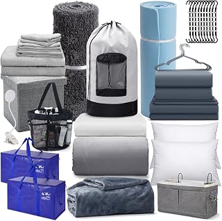 46 Pcs Gray College Dorm Essentials for Guy Complete Dorm Room Set