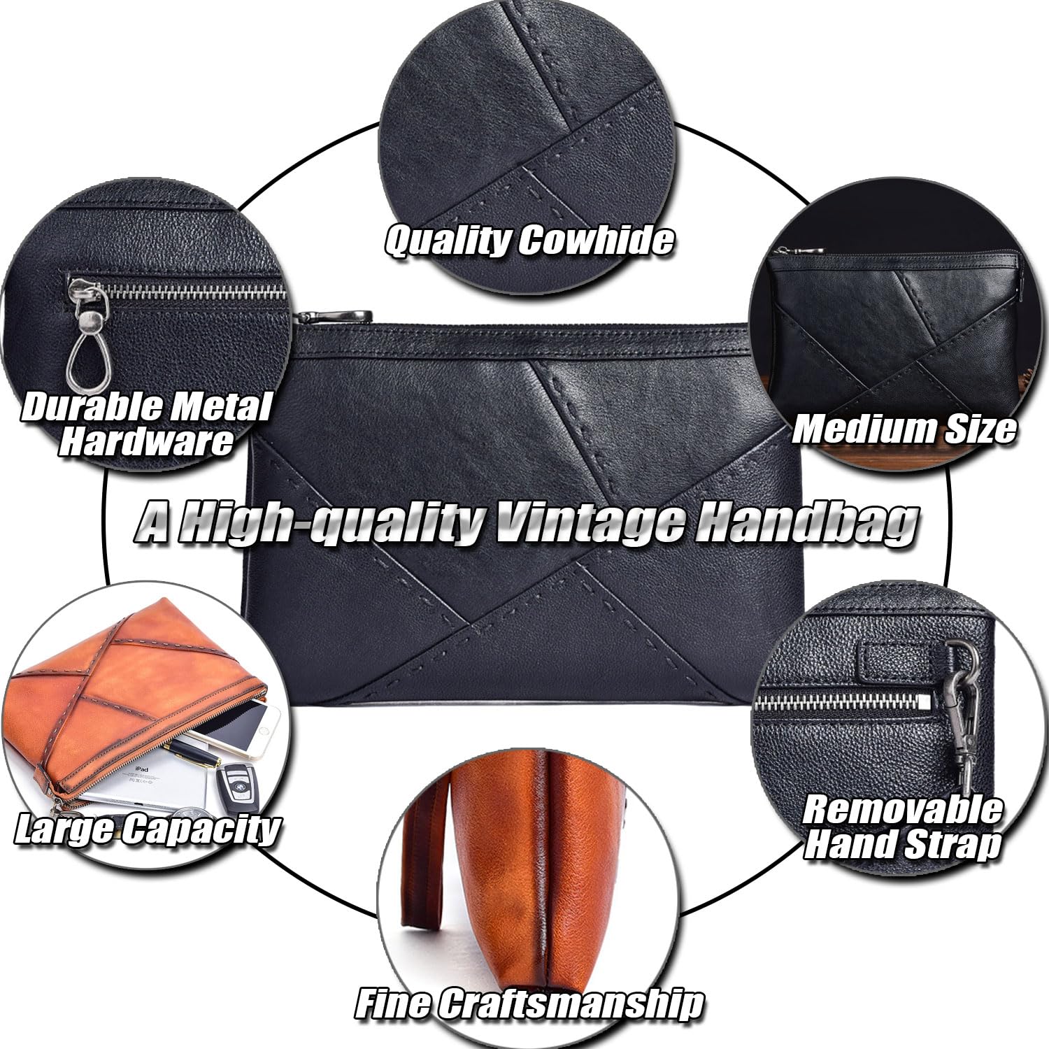 Grand Pochette de Poignet pour Homme, Sac à Main en cuir de vache tanné au végétal, Sacs Business Formelle Hommes Grand Portefeuille Polyvalent Mode Porte-documents