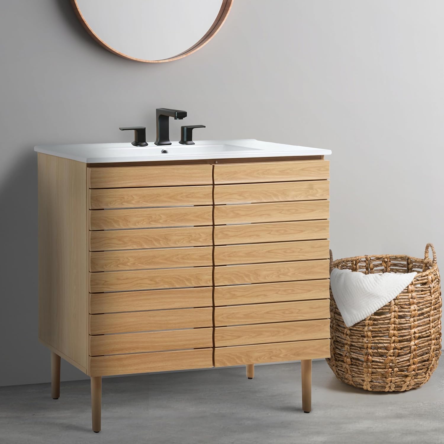 JONATHAN Y VAN1003A Aubert 36 in. W x 18 in. D x 33 in. H Thick Linear Slat Modern Farmhouse 2-Shelf Bath Vanity Cabinet Only (Sink Basin not Included), Oak