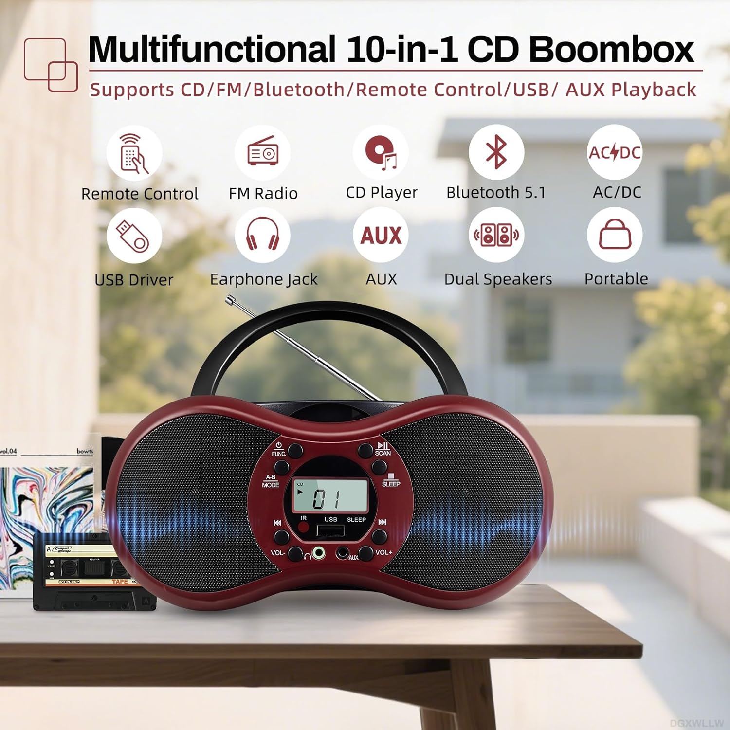 Portable CD Player Boombox for Home with FM Radio, Bluetooth, CD-R/CD-RW/MP3 CDs Playback, Remote Control, USB Port, 3.5mm AUX-in & Headphone Jack, Dual Stereo Sound, LCD Display, Sleep Timer