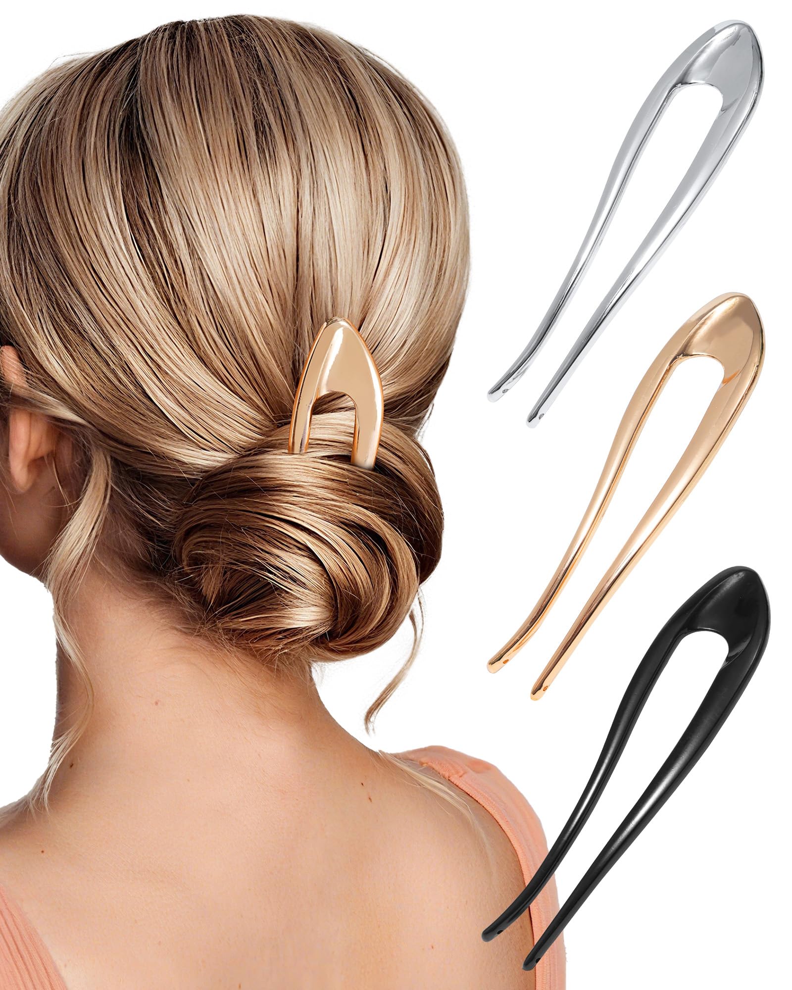 French Hair Pins for Women 3 PCS Metal U-Shaped Hair Forks Sticks for Buns,Twist, Chignon & Updos – Secure All-Day Hold SET 4-Gold Silver Black