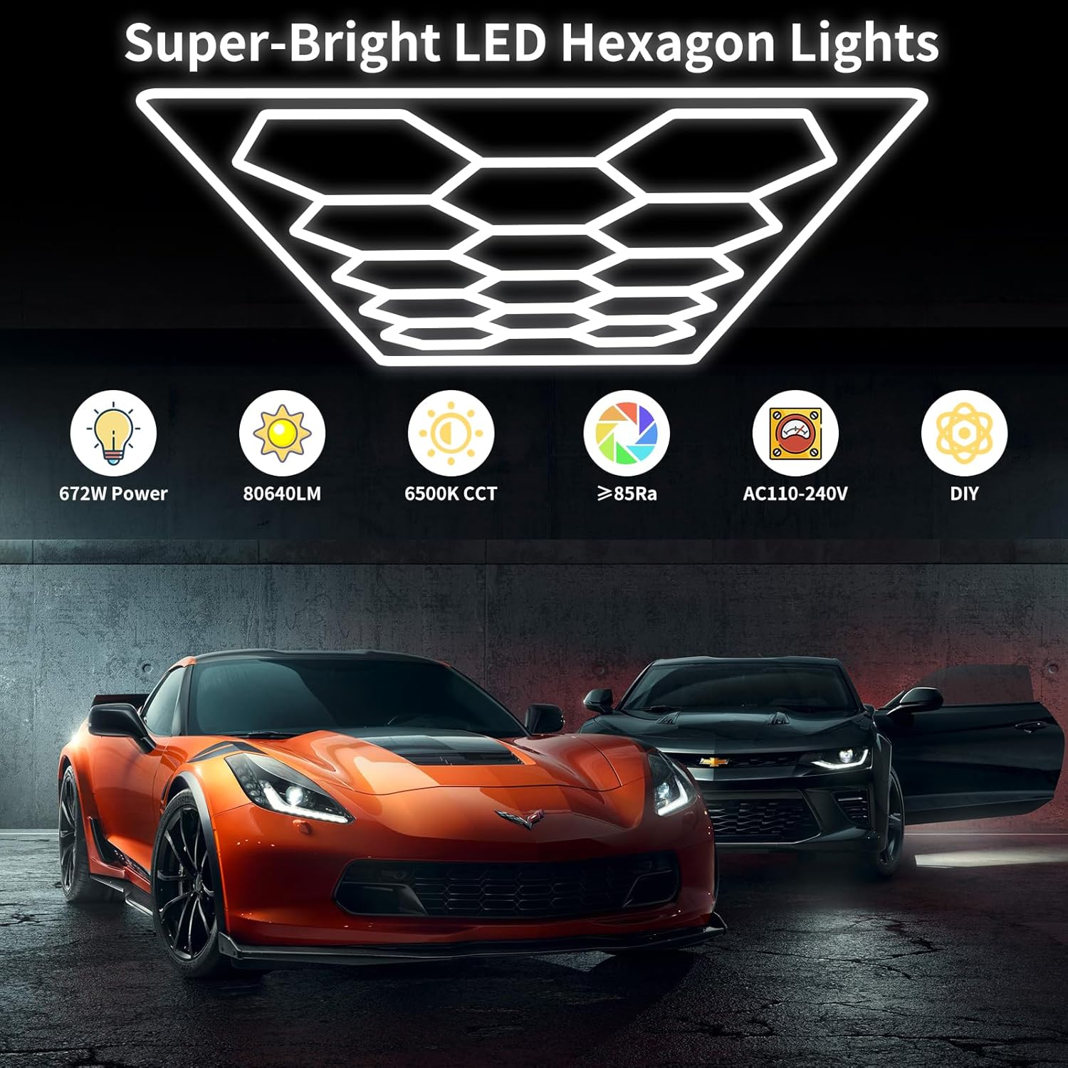 LED Hexagon Garage Light, 672W 80640LM 6500K Daylight White Honeycomb Ceiling Lamp for Garage,Auto Beauty Shop,Car Detailing Shop, Gym, Workshop