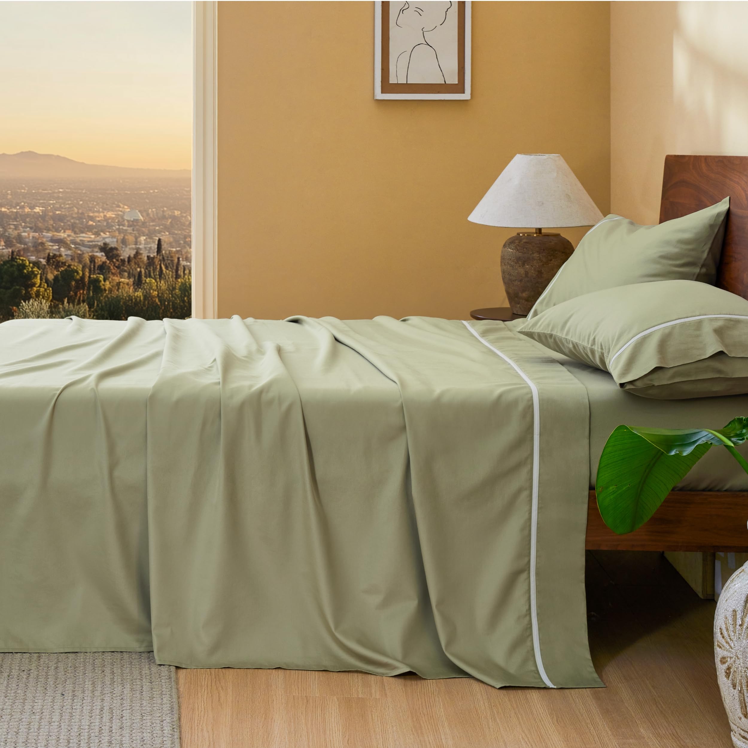 Bedsure 100% Cotton Sheets King Size Set - 500 Thread Count Cotton Sateen Bedsheets, Luxury Hotel Quality, Soft & Breathable Bedsheets, 16" Deep Pocket, 4-Piece, Include King Flat Sheet Green