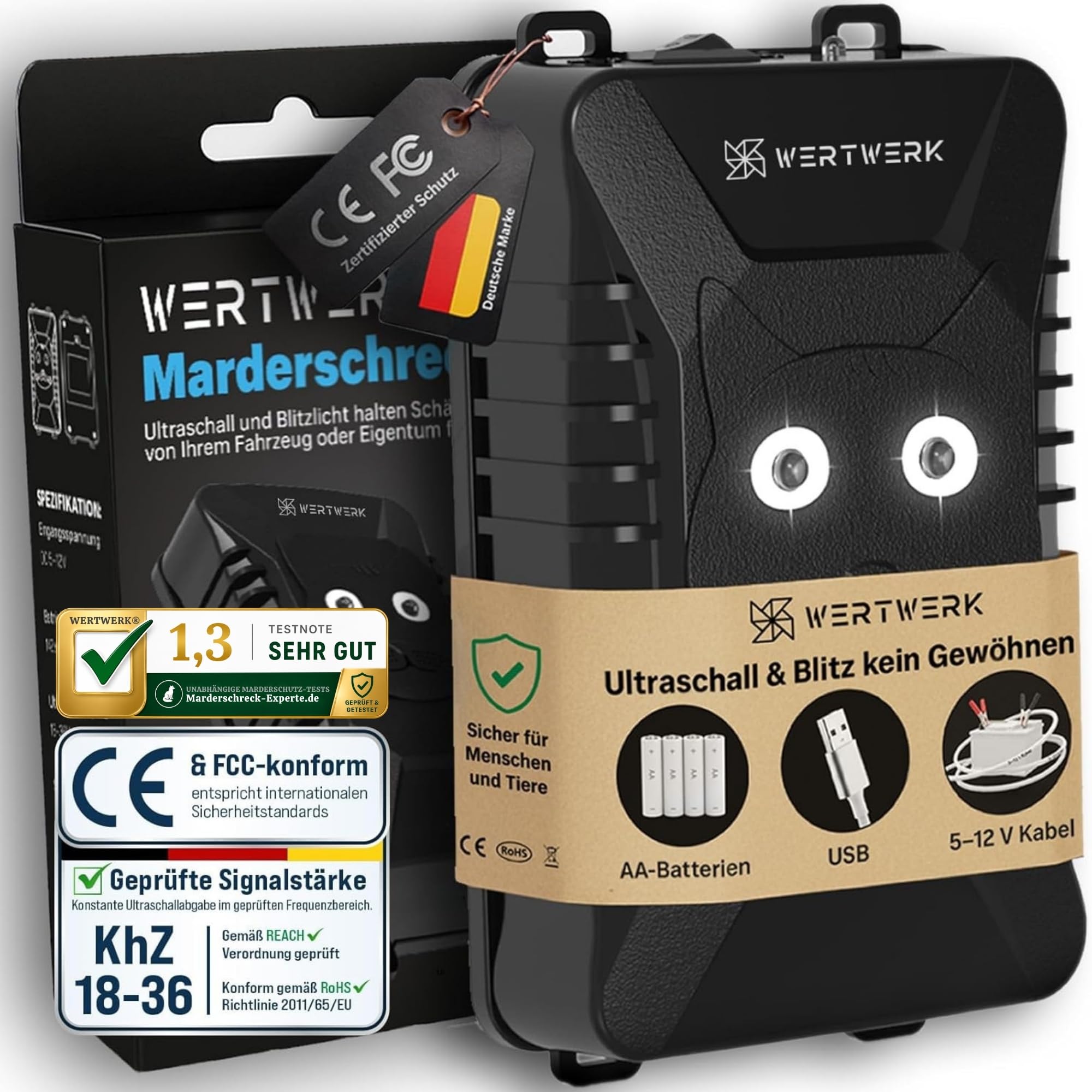 Marderschreck Auto Batteriebetrieben - Marderschreck Ultraschall & Lichtblitz, Marderabwehr Auto Motorraum, Dachboden, Garage & Haus, flexibel nutzbar mit Netzteil oder AA-Batterien