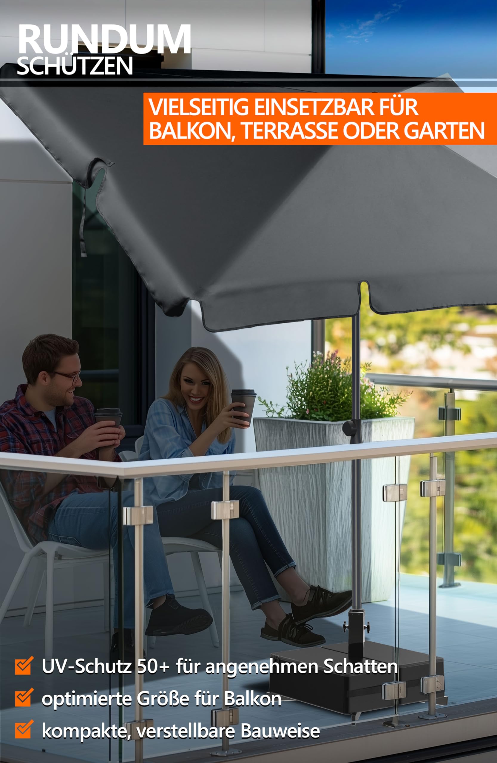 4smile Sonnenschirm rechteckig 200 x 125 cm, 3er-Set - Sonnenschirm Balkon mit Ständer und Hülle, Sonnenschutz Balkon - Balkonschirm in Anthrazit, knickbar höhenverstellbar, Sonnenschirmständer