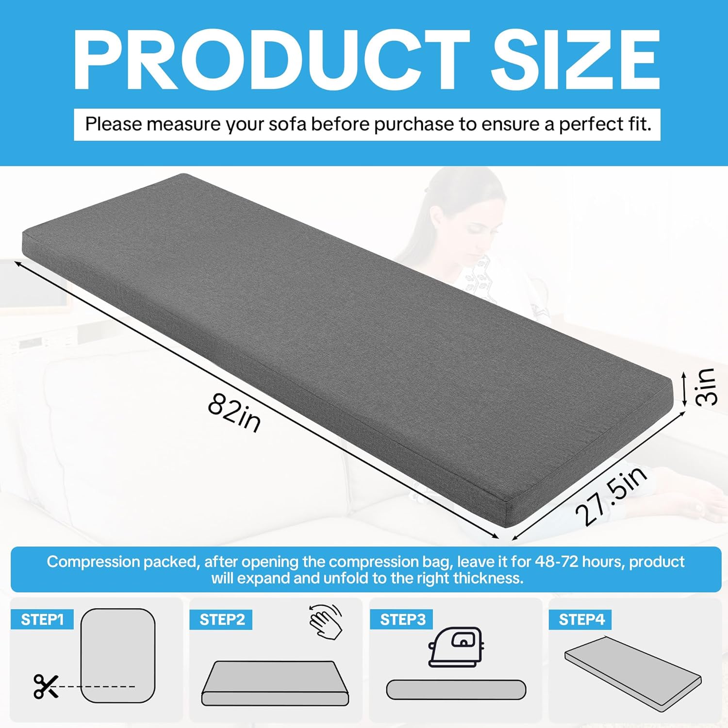HOMBYS 3 Inch Memory Foam Sofa Topper Pad, 82" L x 27" W Inch Couch Topper Cushion with Washable Cover for Sofa, Couch Cover Pad with Non Slip Bottom