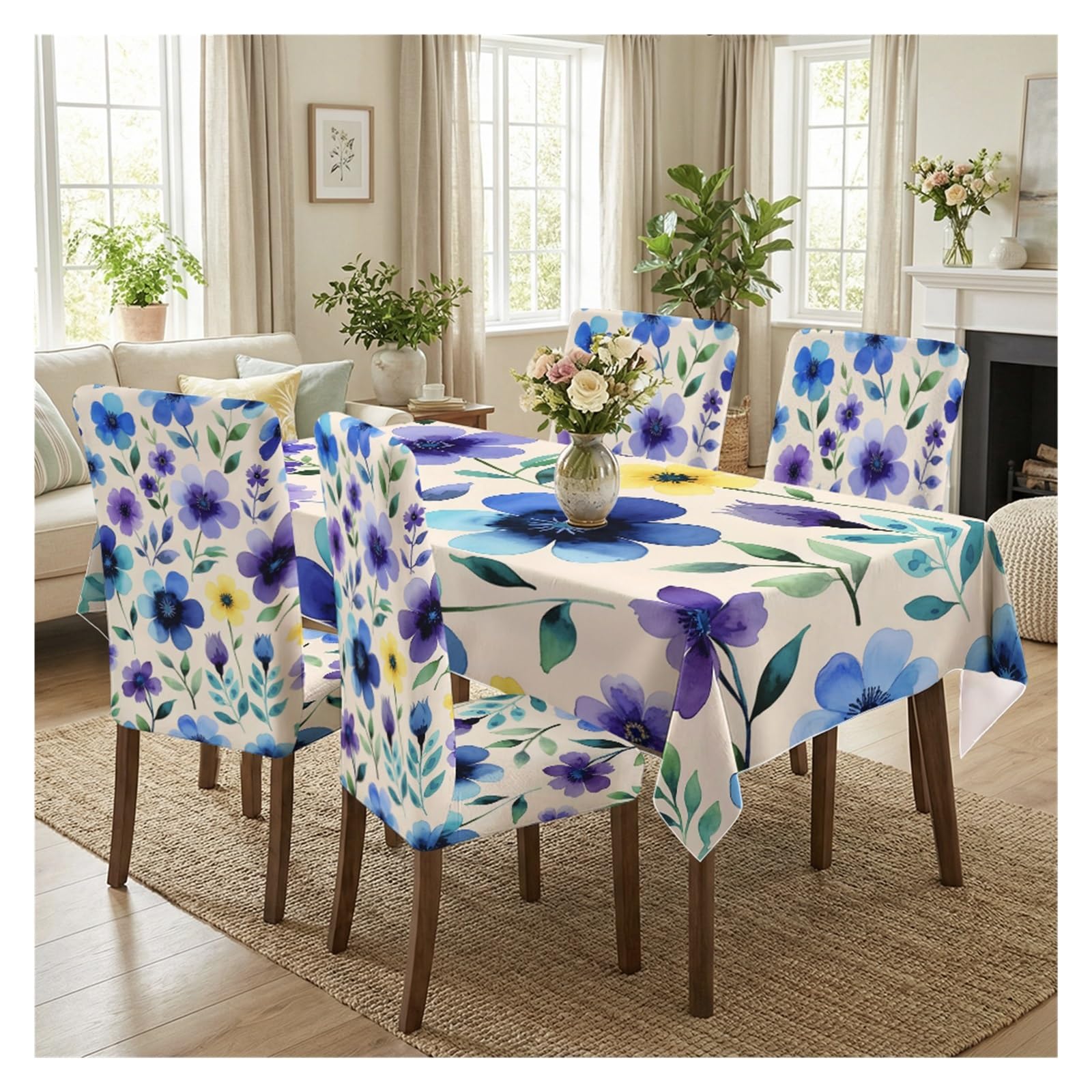 KXUAUV Watercolor Blue Purple Wildflower Dining Tablecloth & Chair Covers Set, 5/7 Piece Bright Spring Cottage Farmhouse Kitchen Dining Decor Party Decor(5pcs Set: Tablecloth+Chair Covers)