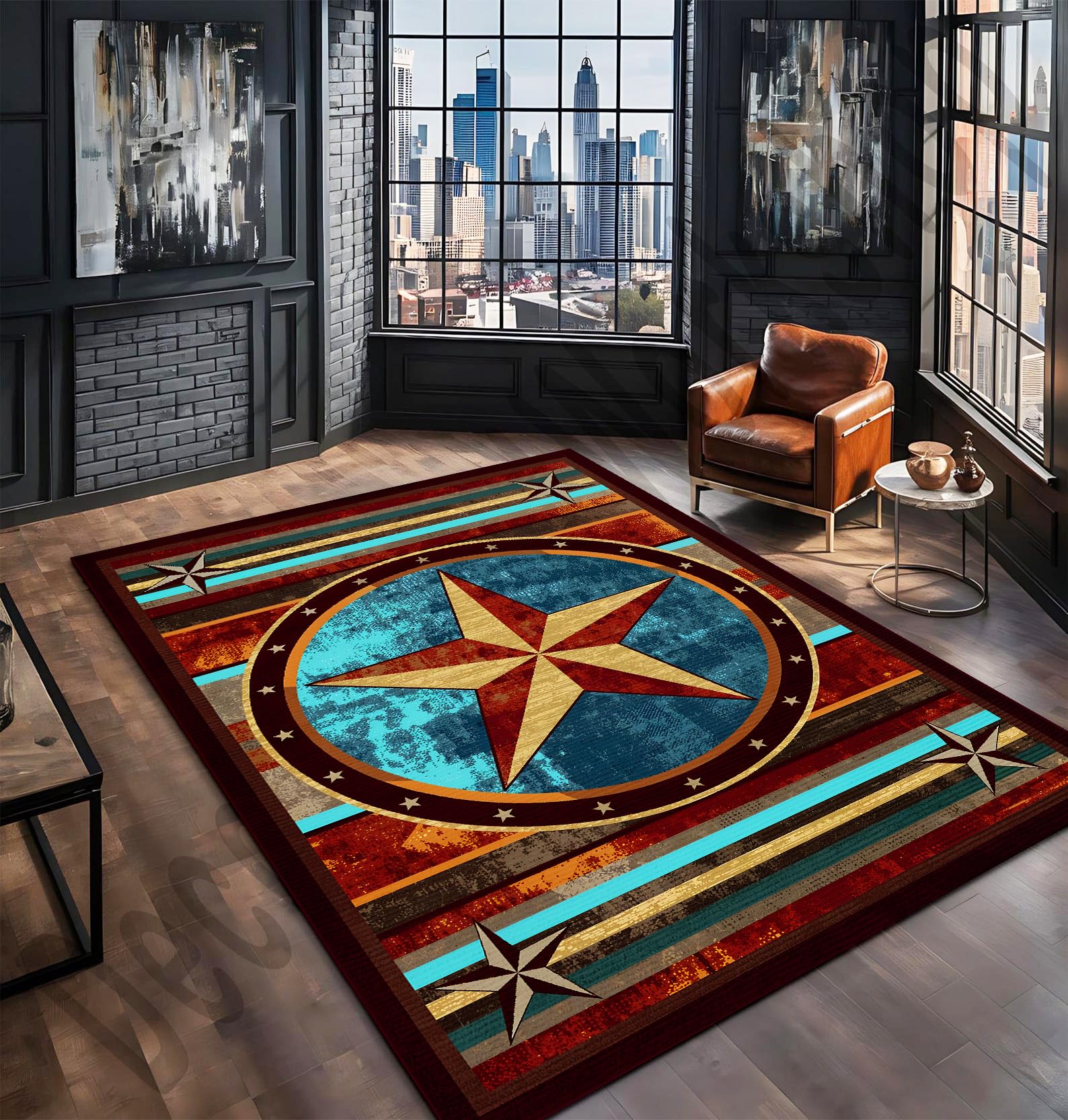 Western Texas Star Modern Rug, Brown Rustic Southwestern Area Rug, 3x5 ft, 9 mm Thick, Non-Slip, Machine Made, Velvet, Rubber, Ideal for Multi-Room