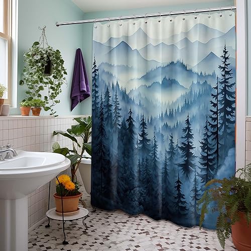 Miniatura 3 de Cortina de ducha azul marino de bosque Cortina de ducha azul oscuro de montaña y naturaleza para decoración de baño de hombres, tela impermeable con