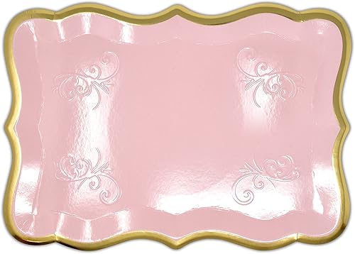 Miniatura 2 de 10 bandejas rectangulares color rosa con borde dorado para elegantes mesas de postre, para servir fiestas, de 9 x 13 pulgadas, platos de cartón