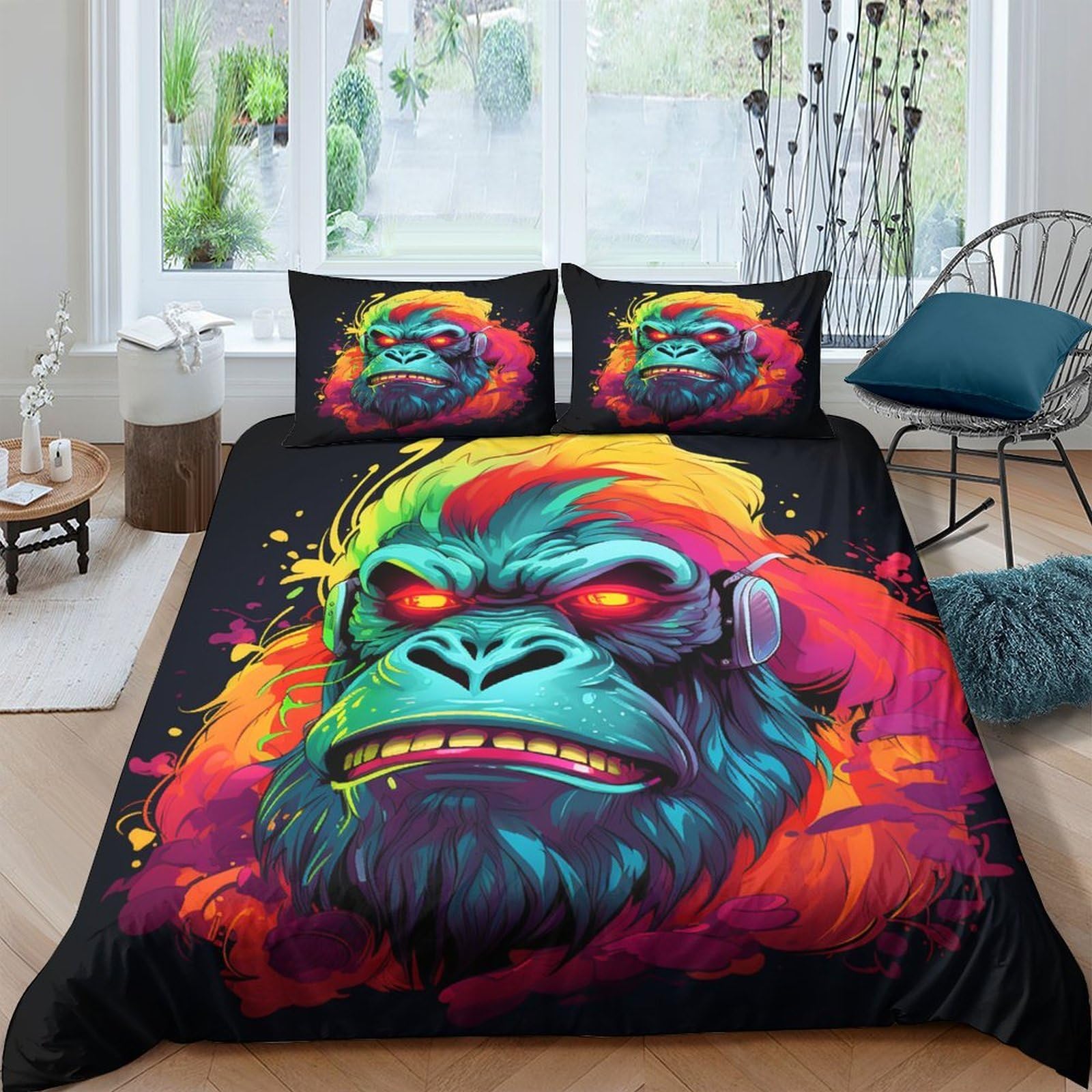 Ctjqhvkz Style-4 3D Printed Neon Gorilla Fitted Sheet Microfiber Soft Breathable Abstract Ape Bed Cover For Bedroom Dorm Mattress Protection Decor Single（135X200cm）